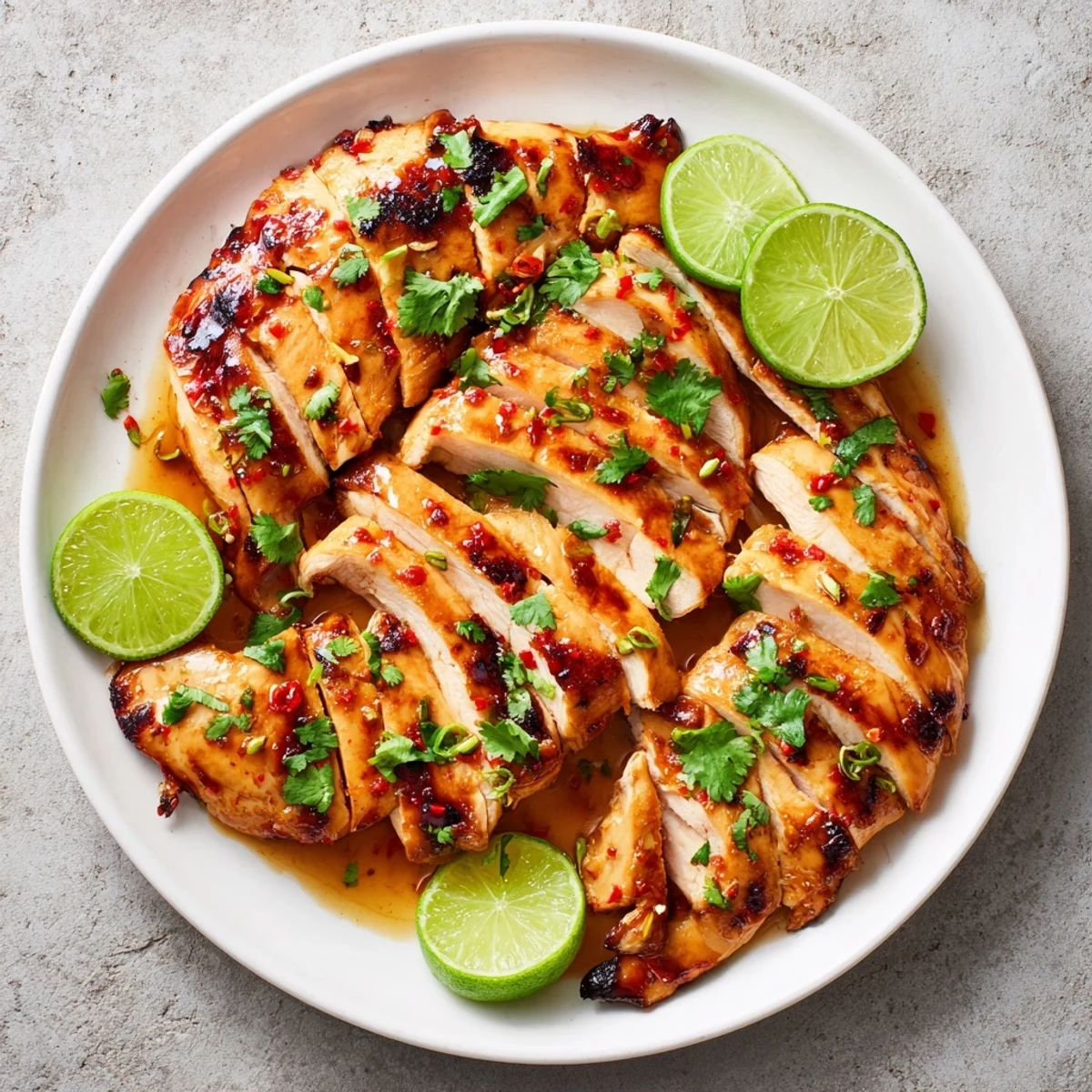 Juicy Spicy Honey Lime Chicken thighs served alongside fluffy white rice and charred vegetables for a complete meal.