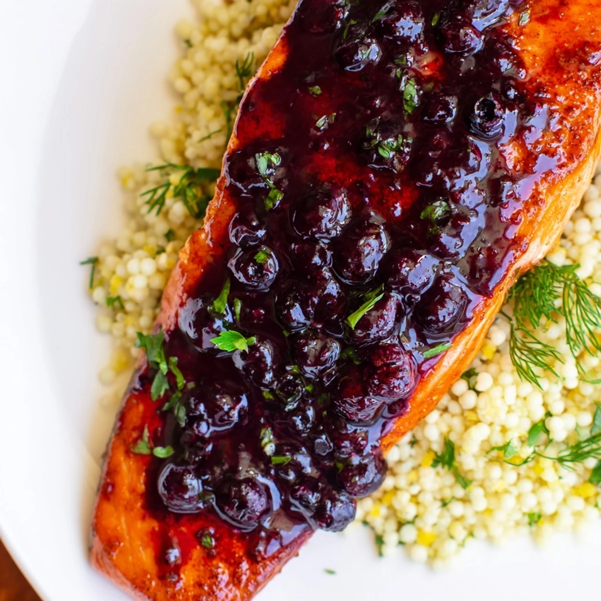 Glazed salmon fillet with blueberry reduction over fluffy lemon herb couscous, garnished with fresh herbs and lemon wedges.