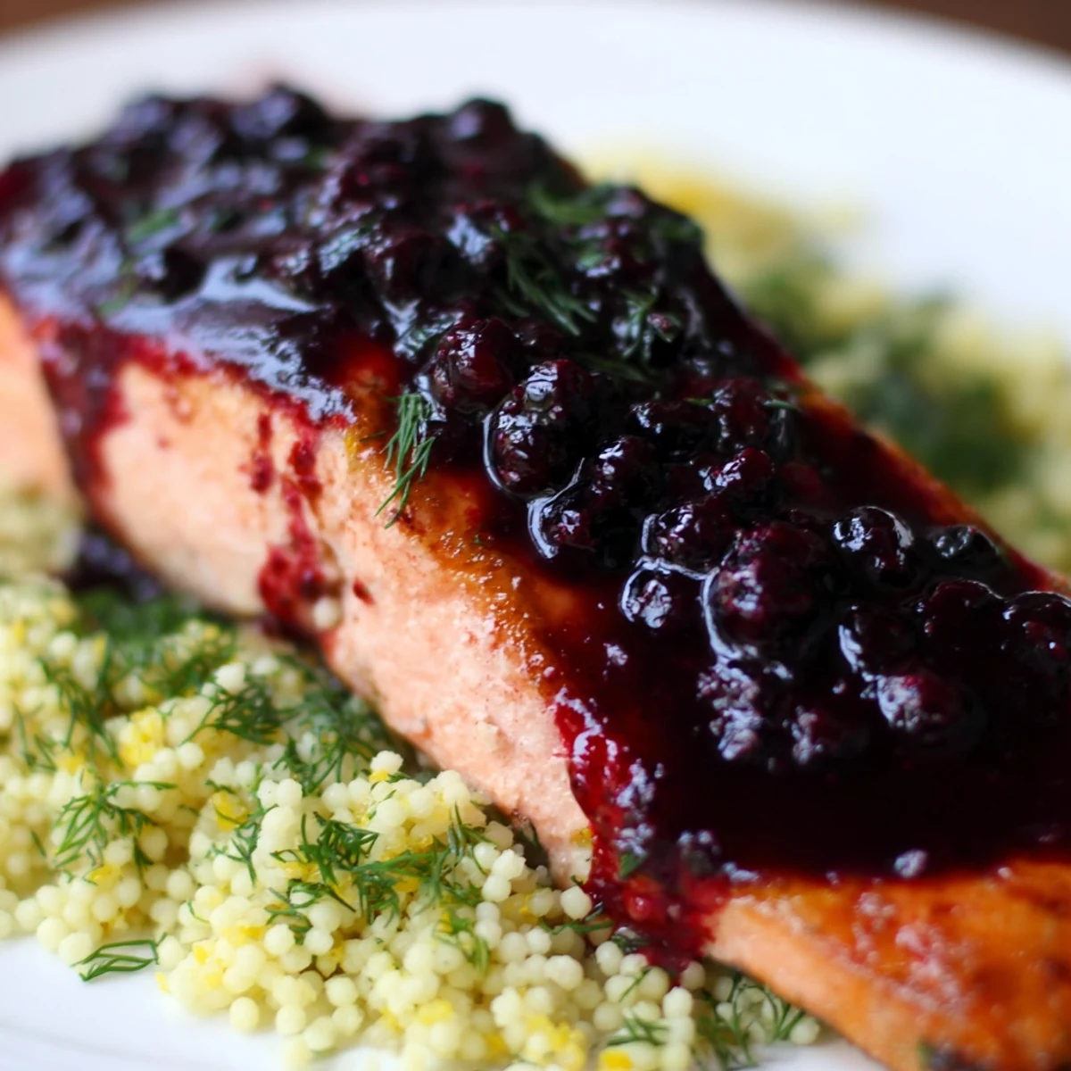 Juicy salmon glazed with blueberry sauce on a bed of lemon herb couscous, perfect for a healthy dinner.