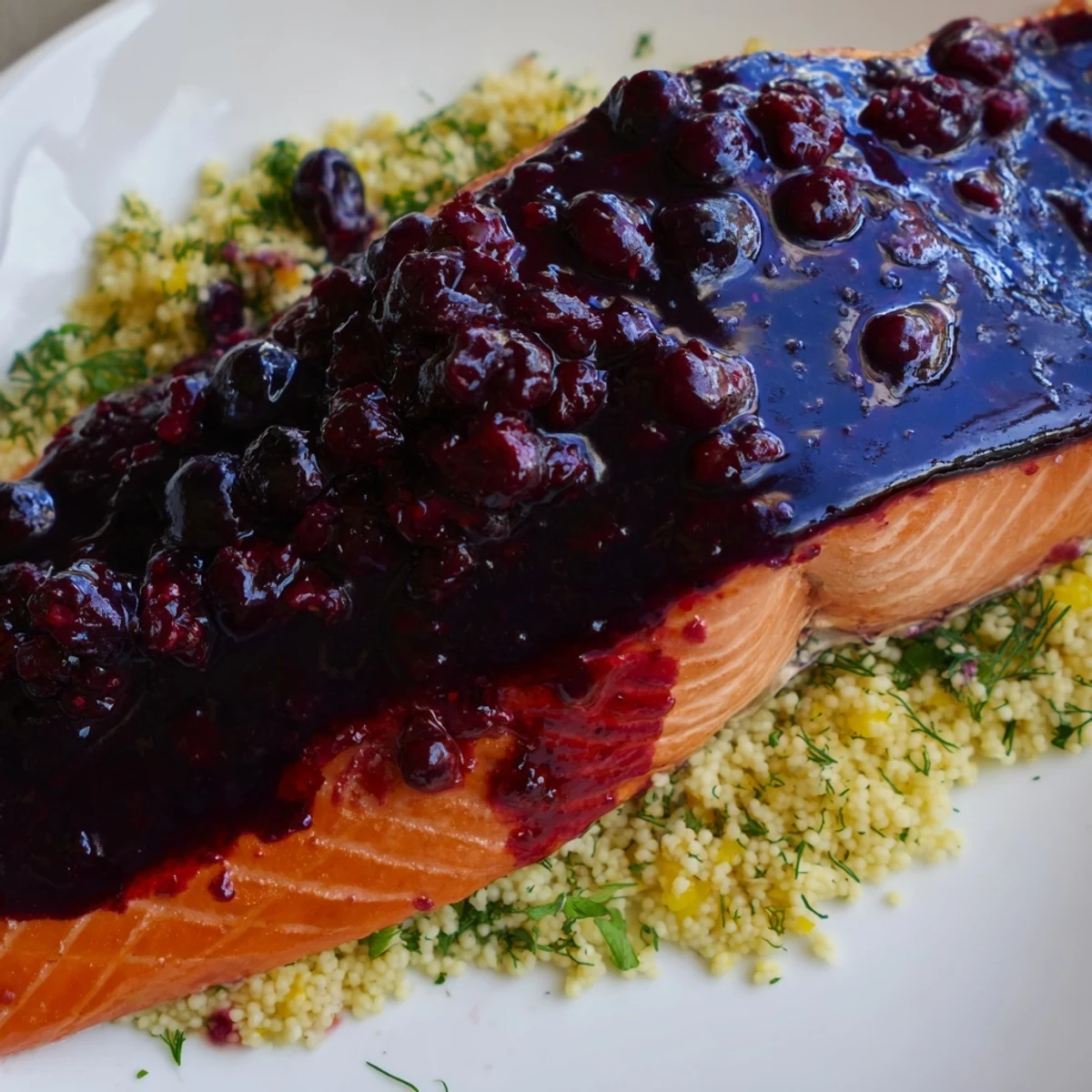 Blueberry glazed salmon plated beside fluffy lemon herb couscous, bright herbs and lemon zest adding vibrant color.