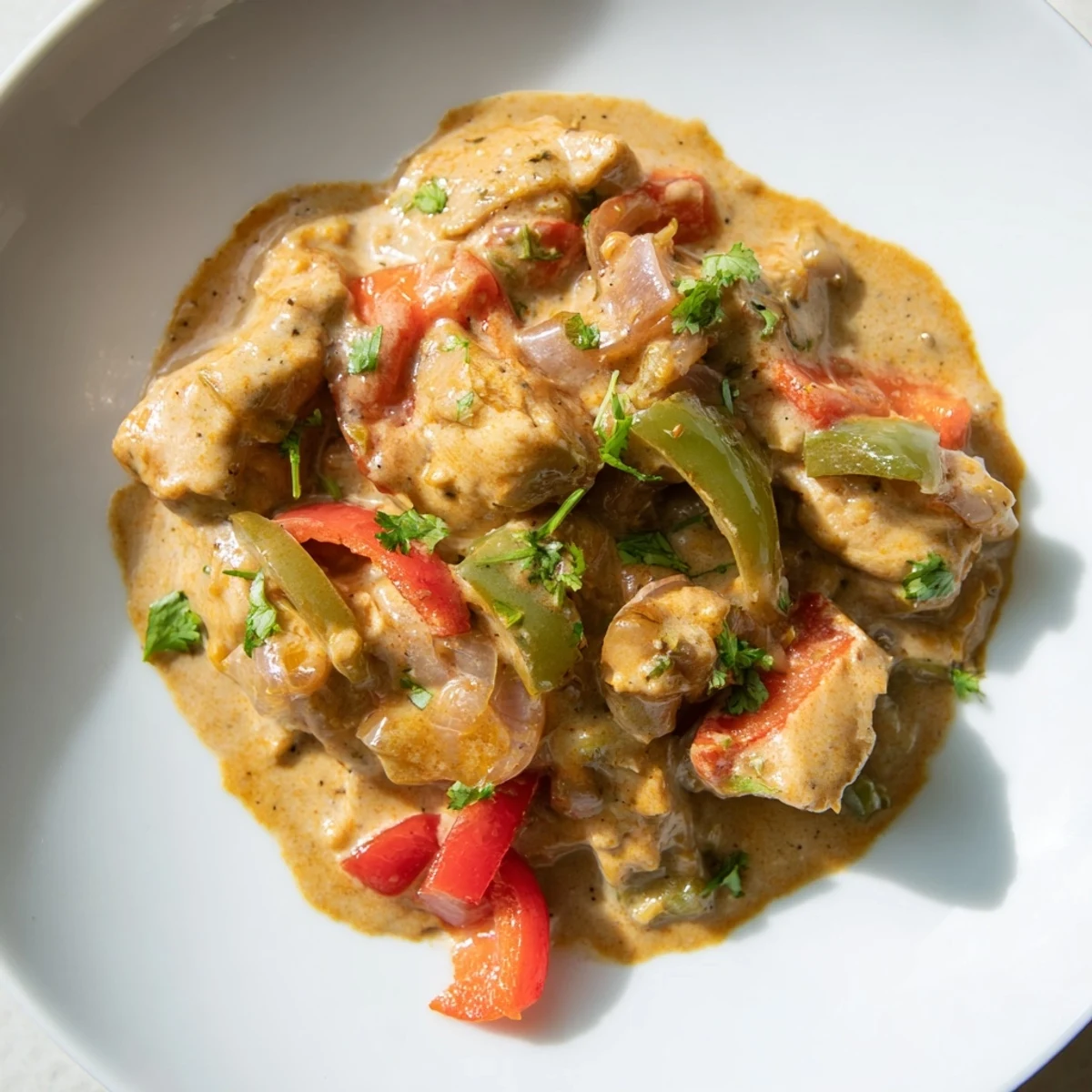 A close-up of Brazilian Coconut Chicken in a white bowl, showing tender chicken pieces coated in a rich, creamy coconut sauce with vibrant red and green bell peppers.