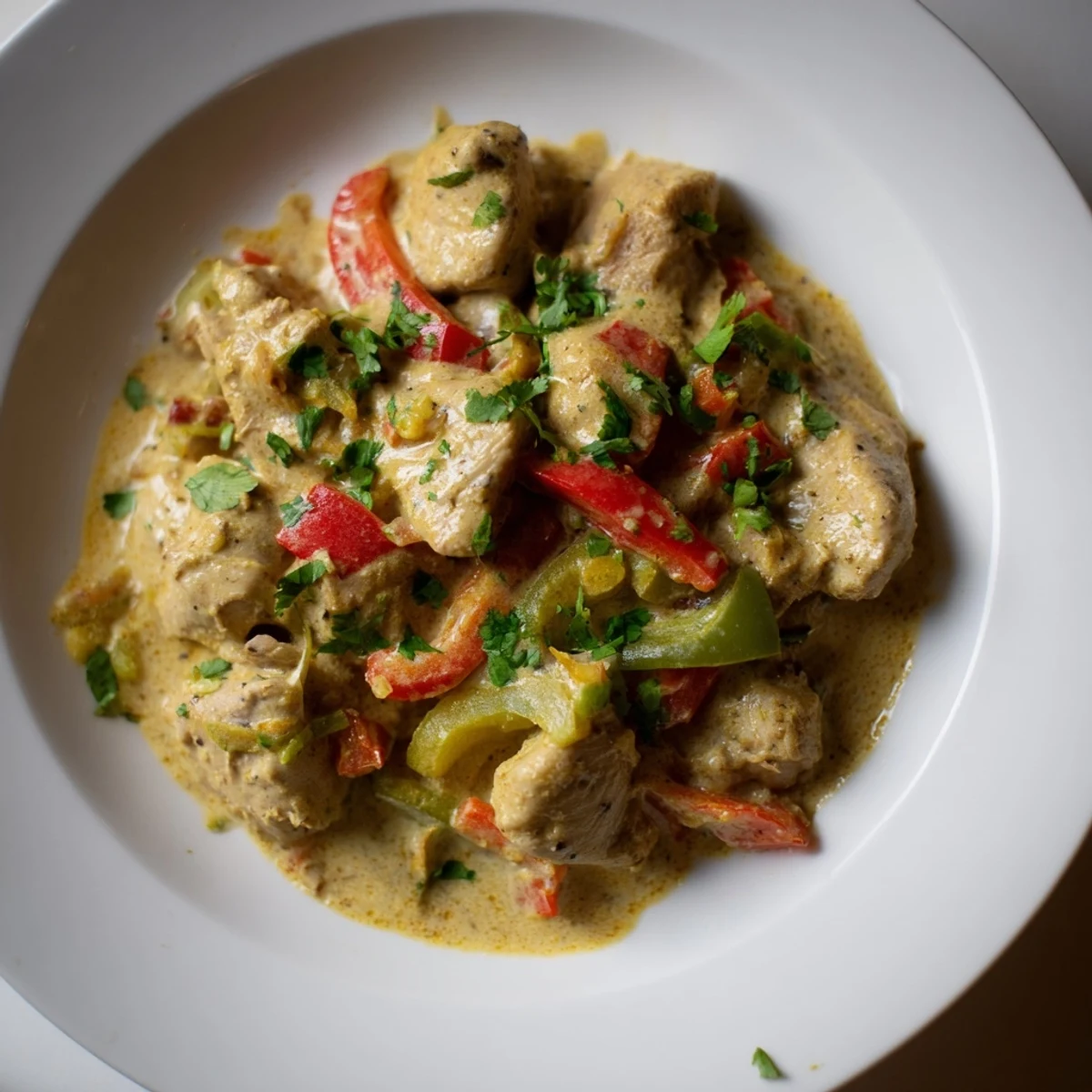 In a rustic skillet, Brazilian Coconut Chicken simmers with chopped cilantro, a lime wedge, and coconut milk, evoking a warm, aromatic kitchen scene.