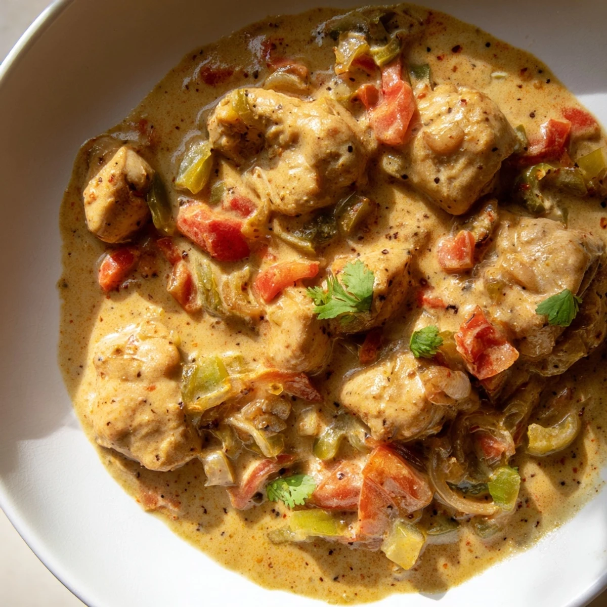 Served steaming hot over fluffy white rice, Brazilian Coconut Chicken showcases golden chicken thighs in a colorful, spiced coconut broth, perfect for a family dinner.