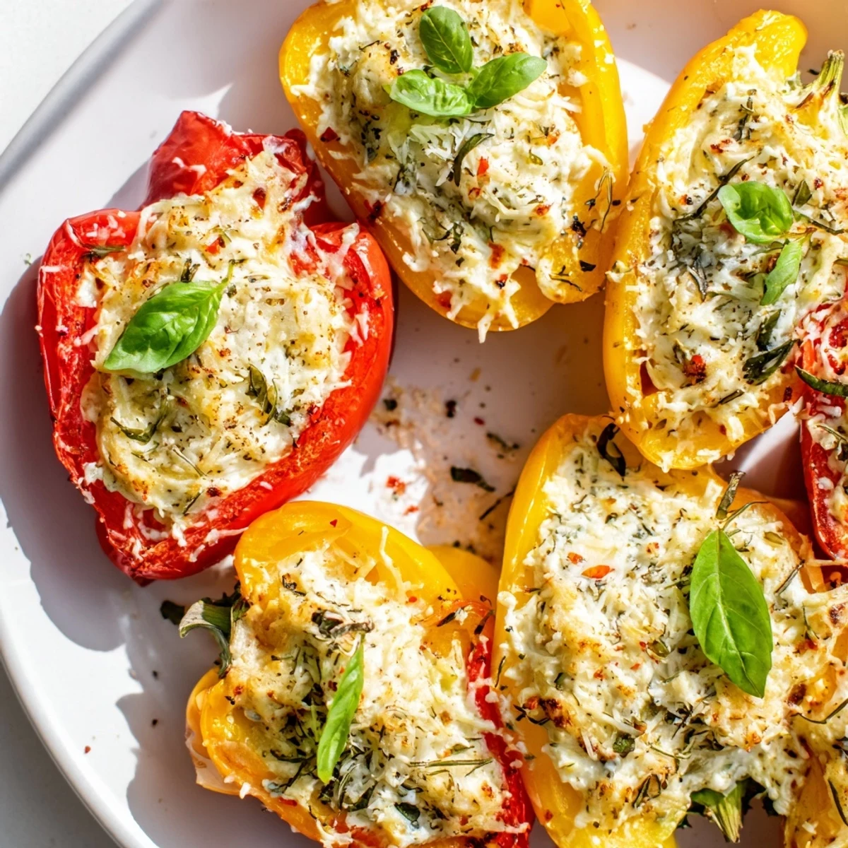 Colorful bell pepper halves filled with Ricotta Stuffed Peppers, served warm with a drizzle of olive oil.