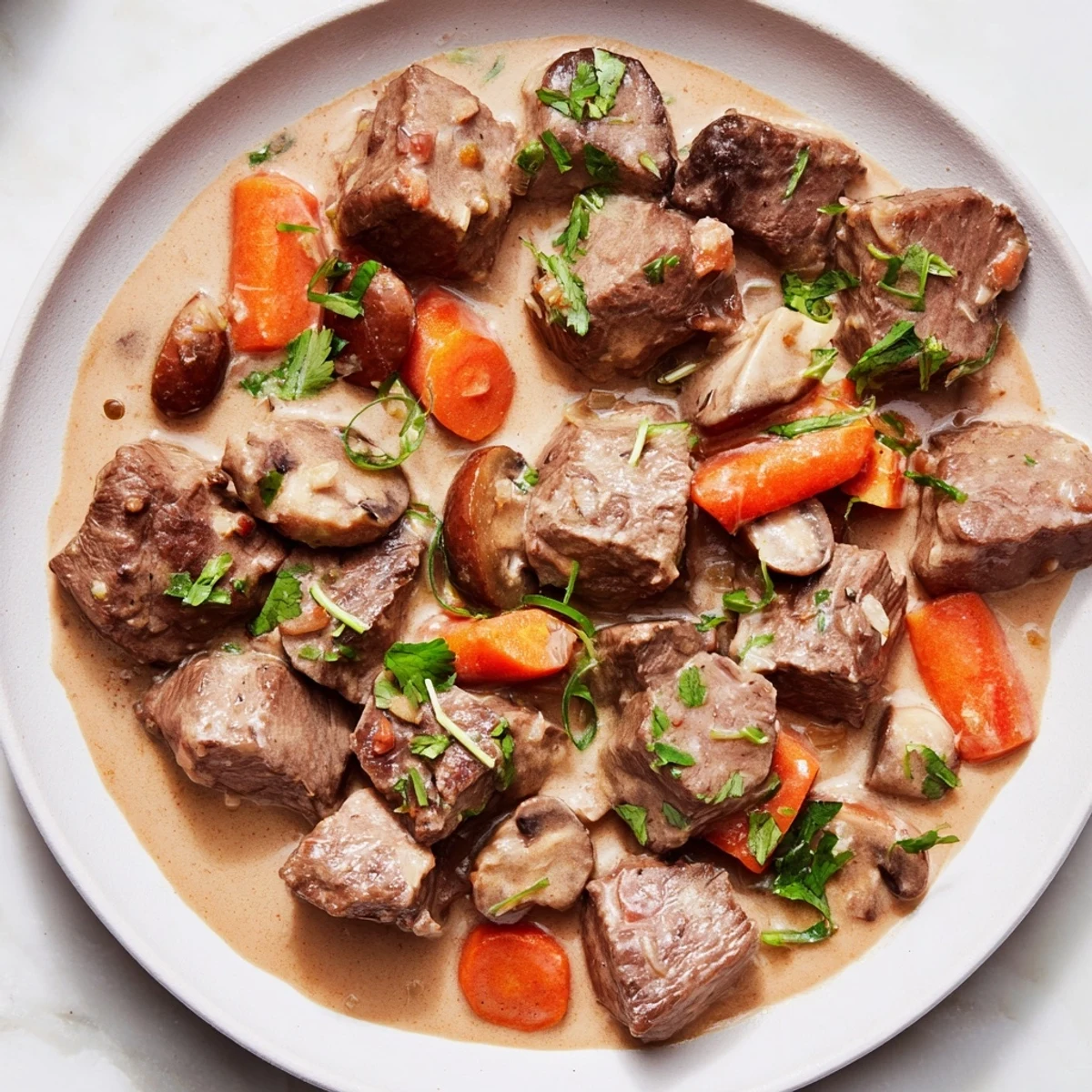 A close-up of Lemongrass Coconut Braised Beef with Mushrooms shows aromatic herbs, sliced carrots, and a spoon lifting a savory ladleful over rice. 