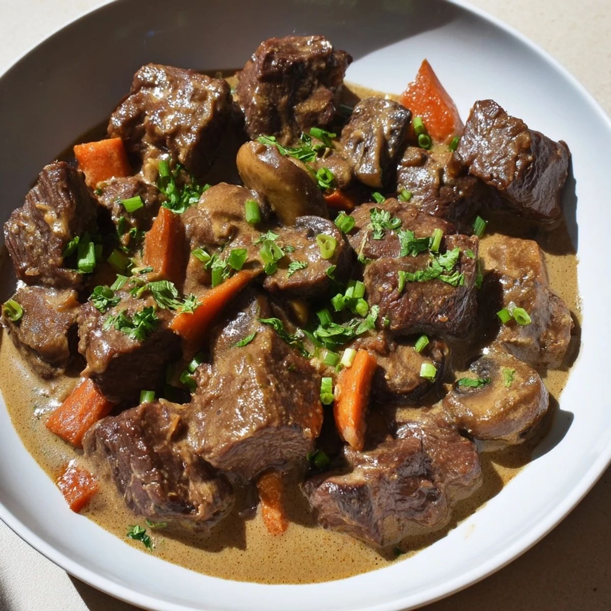 Steaming hot Lemongrass Coconut Braised Beef with Mushrooms is served in a rustic Dutch oven, garnished with cilantro and lime wedges.