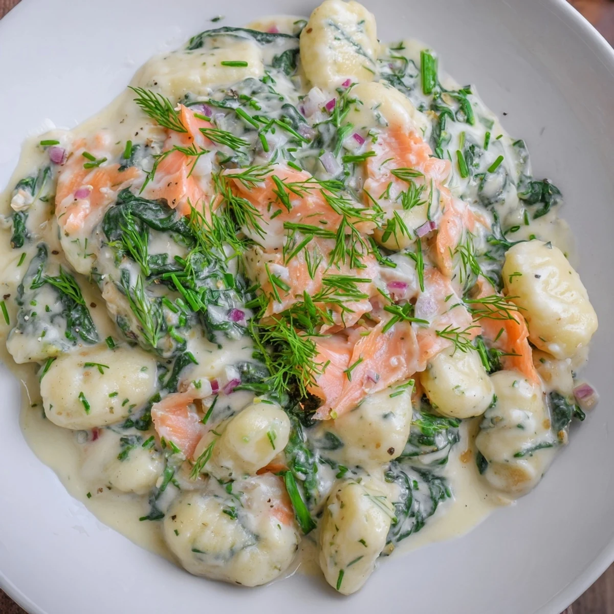 Creamy Healthy Smoked Salmon Gnocchi garnished with fresh dill and lemon wedges on a rustic plate.
