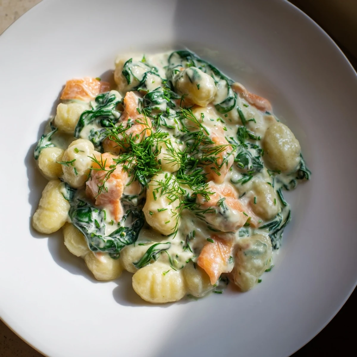 Serving Healthy Smoked Salmon Gnocchi with a squeeze of lemon and chives beside a glass of wine.