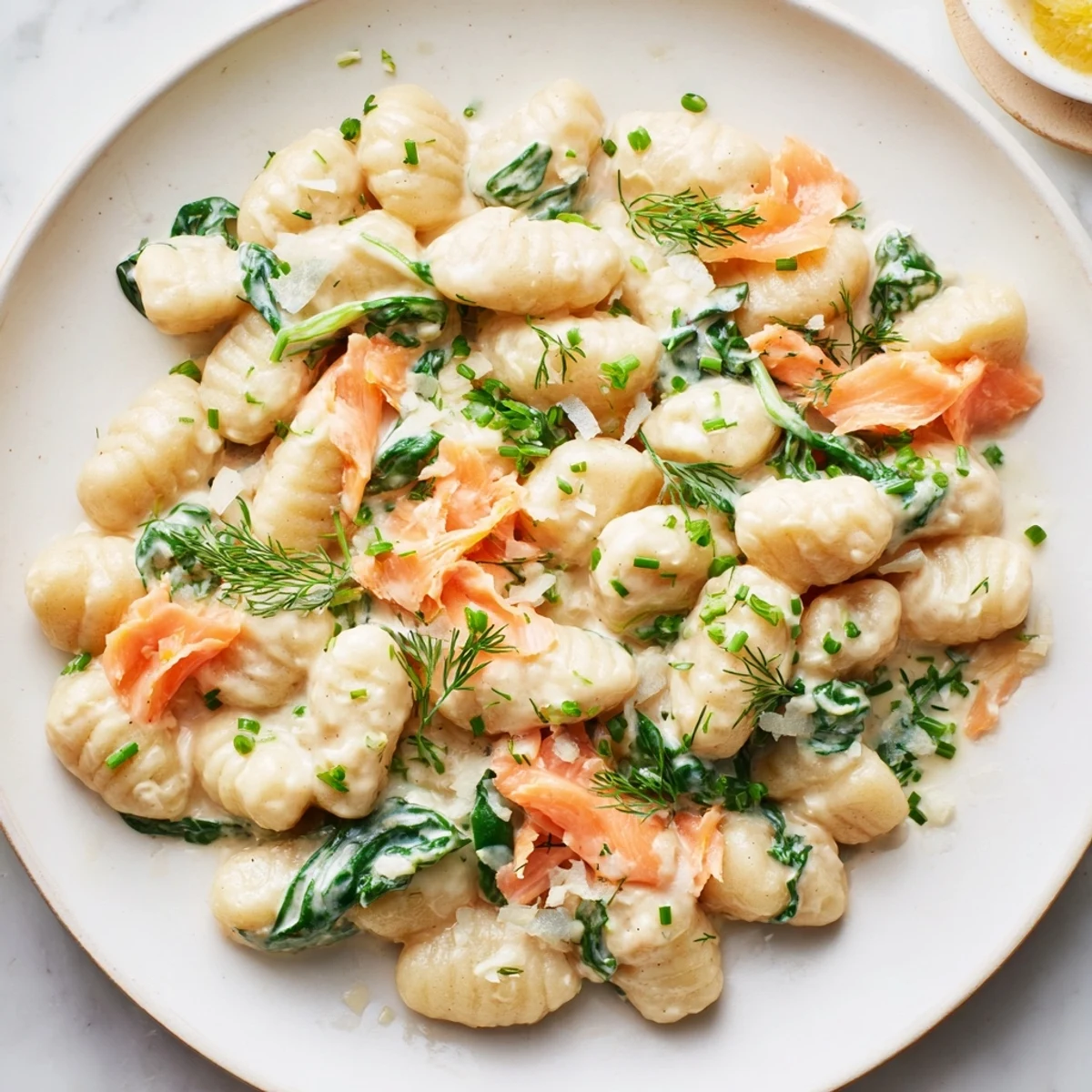 Tossed Healthy Smoked Salmon Gnocchi in a light sauce with wilted spinach and silky salmon strips.