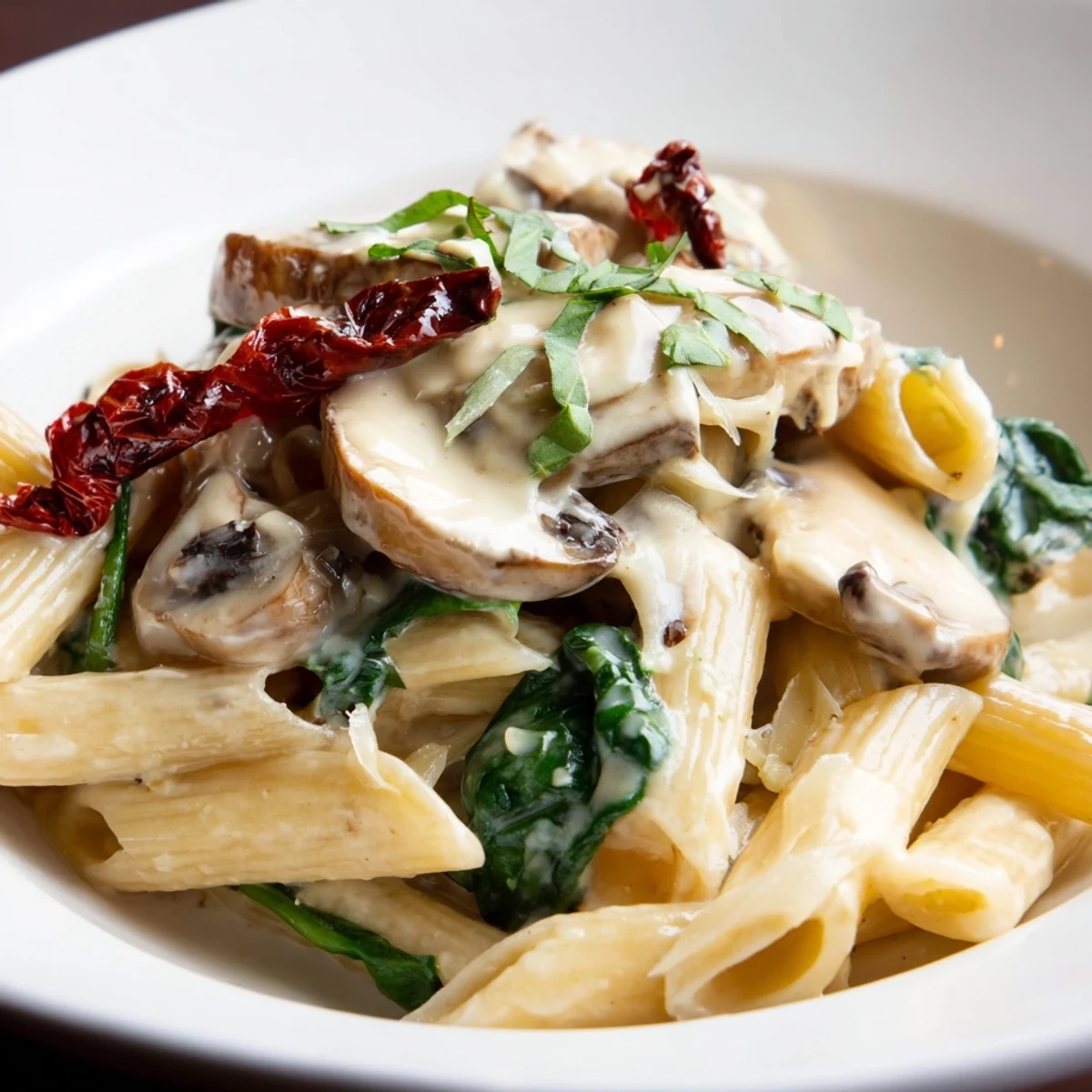 Golden brown cremini mushrooms and wilted spinach fill a hot skillet coated in creamy Tuscan mushroom pasta sauce.