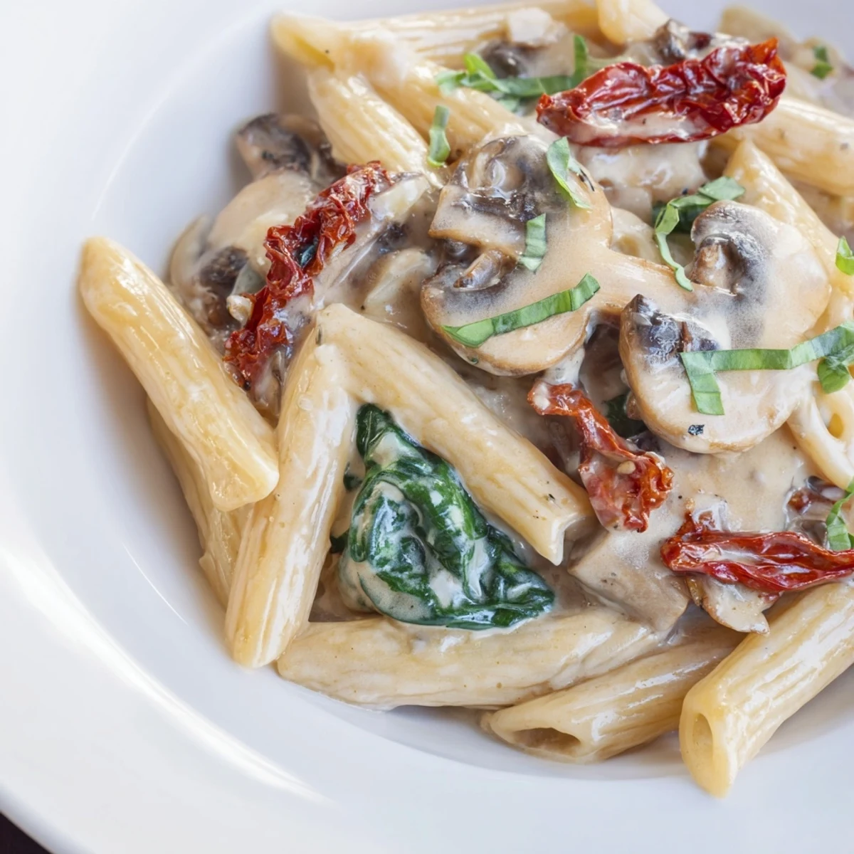 A close-up shows tender penne tossed with sun-dried tomatoes and Parmesan in this easy vegetarian main dish.