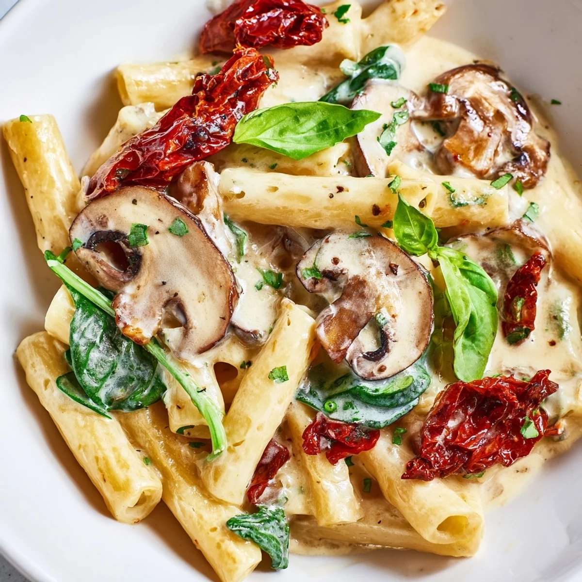 Fresh basil garnishes the creamy Tuscan mushroom pasta skillet, served alongside crusty bread and a glass of white wine.