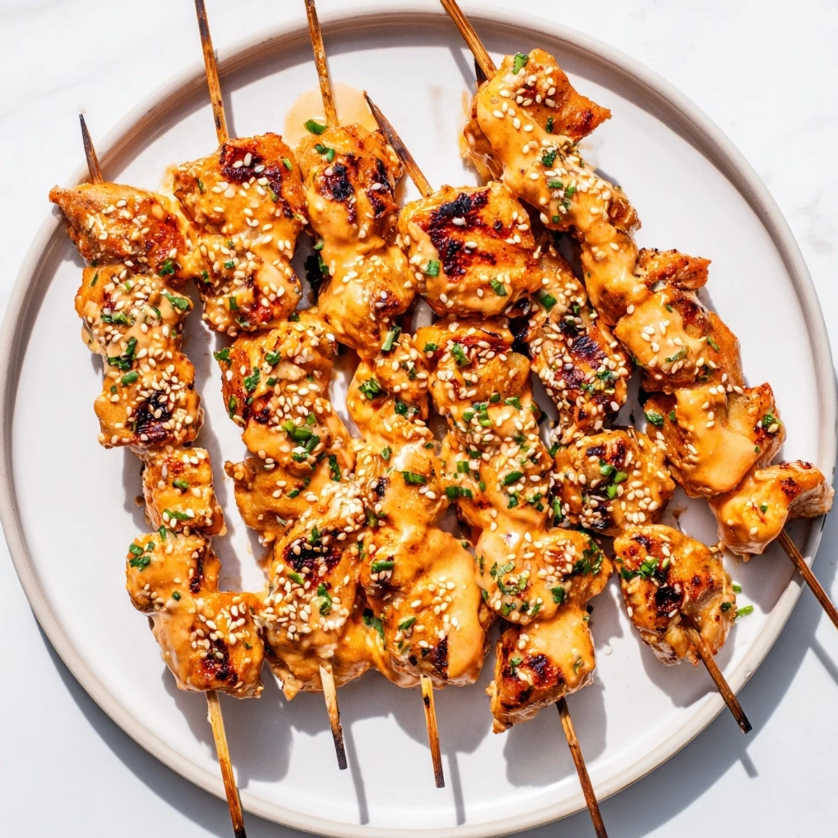 Charred Bang Bang Chicken Skewers on a platter, drizzled with tangy sauce and fresh scallions for serving.