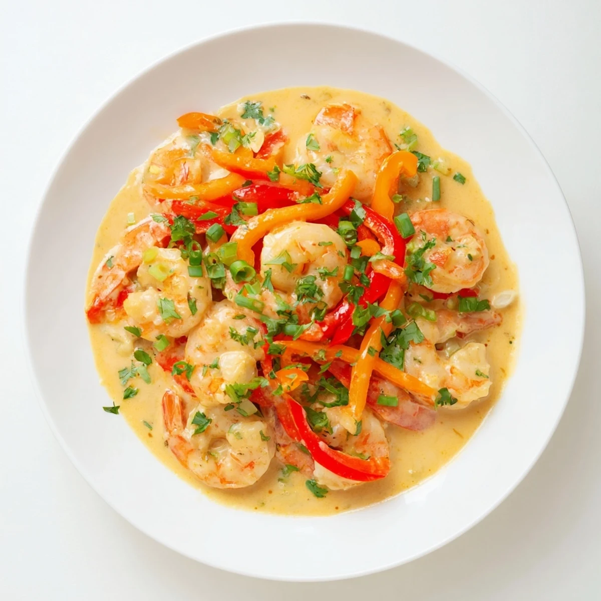 Creamy Garlic Shrimp in Coconut Milk simmering in a skillet with fresh herbs, served with lime wedges.