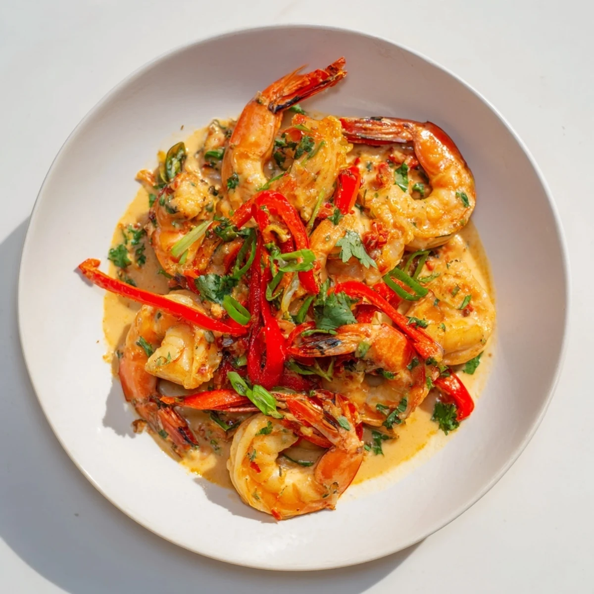 Garlic Shrimp in Coconut Milk plated beside fluffy rice and green onions, highlighting the aromatic, tropical main dish.