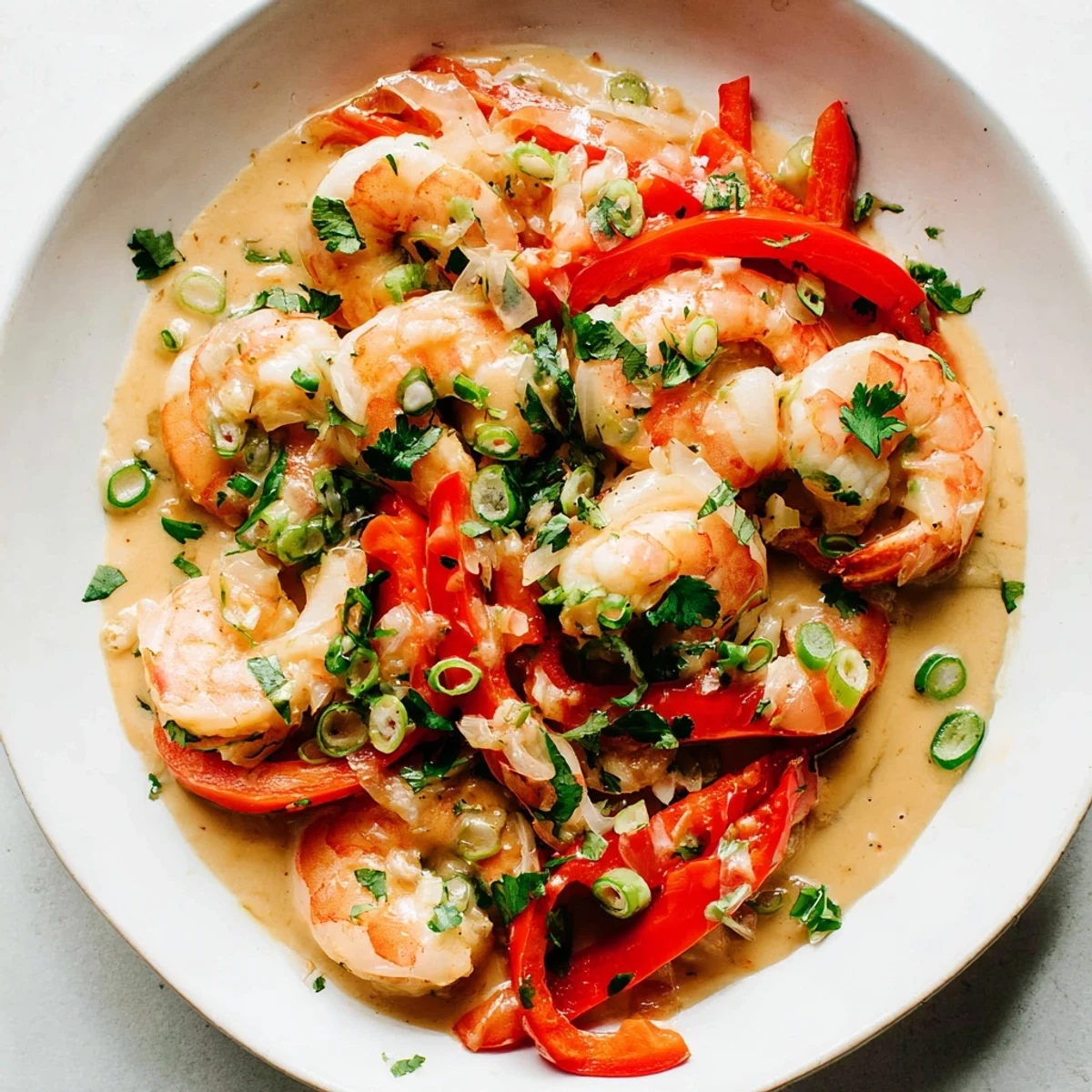 A close-up of Garlic Shrimp in Coconut Milk, sautéed shrimp coated in a rich sauce garnished with cilantro.