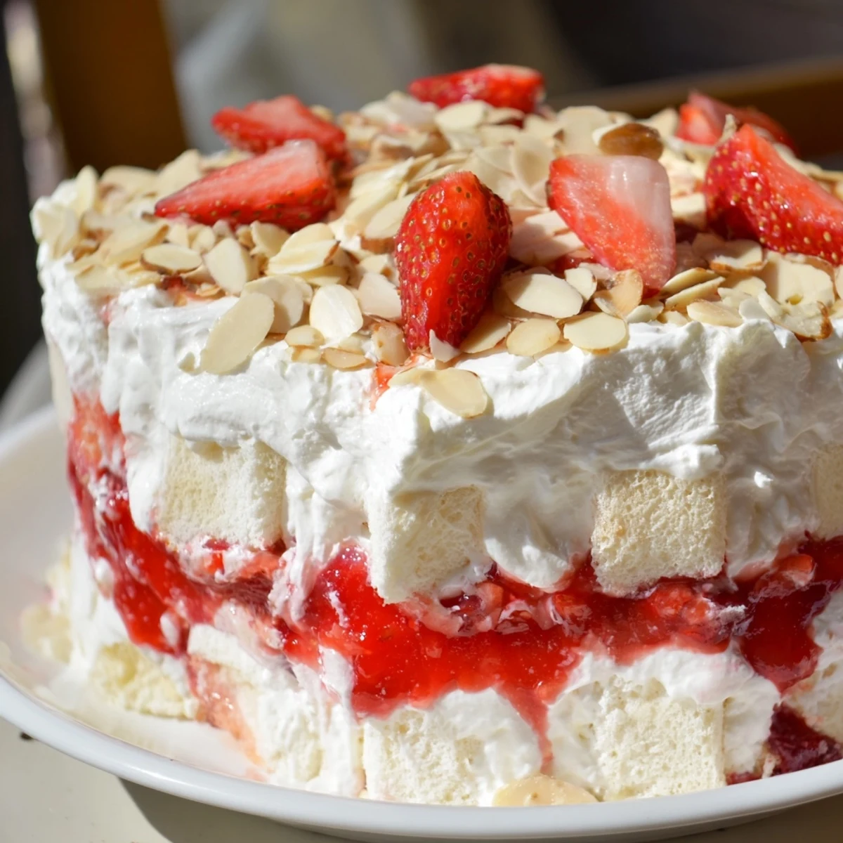 Sliced strawberries and whipped topping adorn this chilled Heave on Earth Cake in a glass trifle dish.  