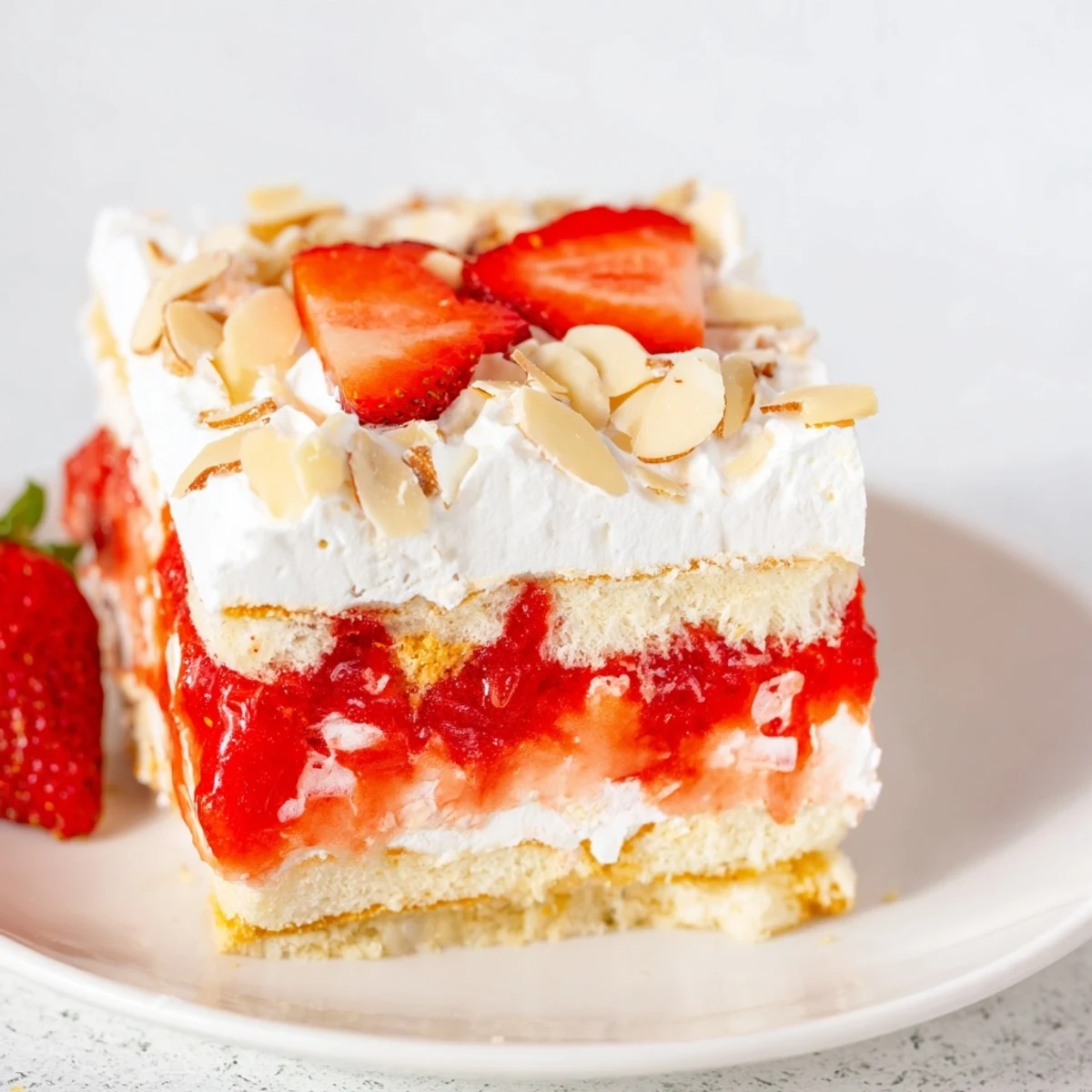 A close-up of Heaven on Earth Cake shows its fluffy texture and sweet strawberry filling for serving.