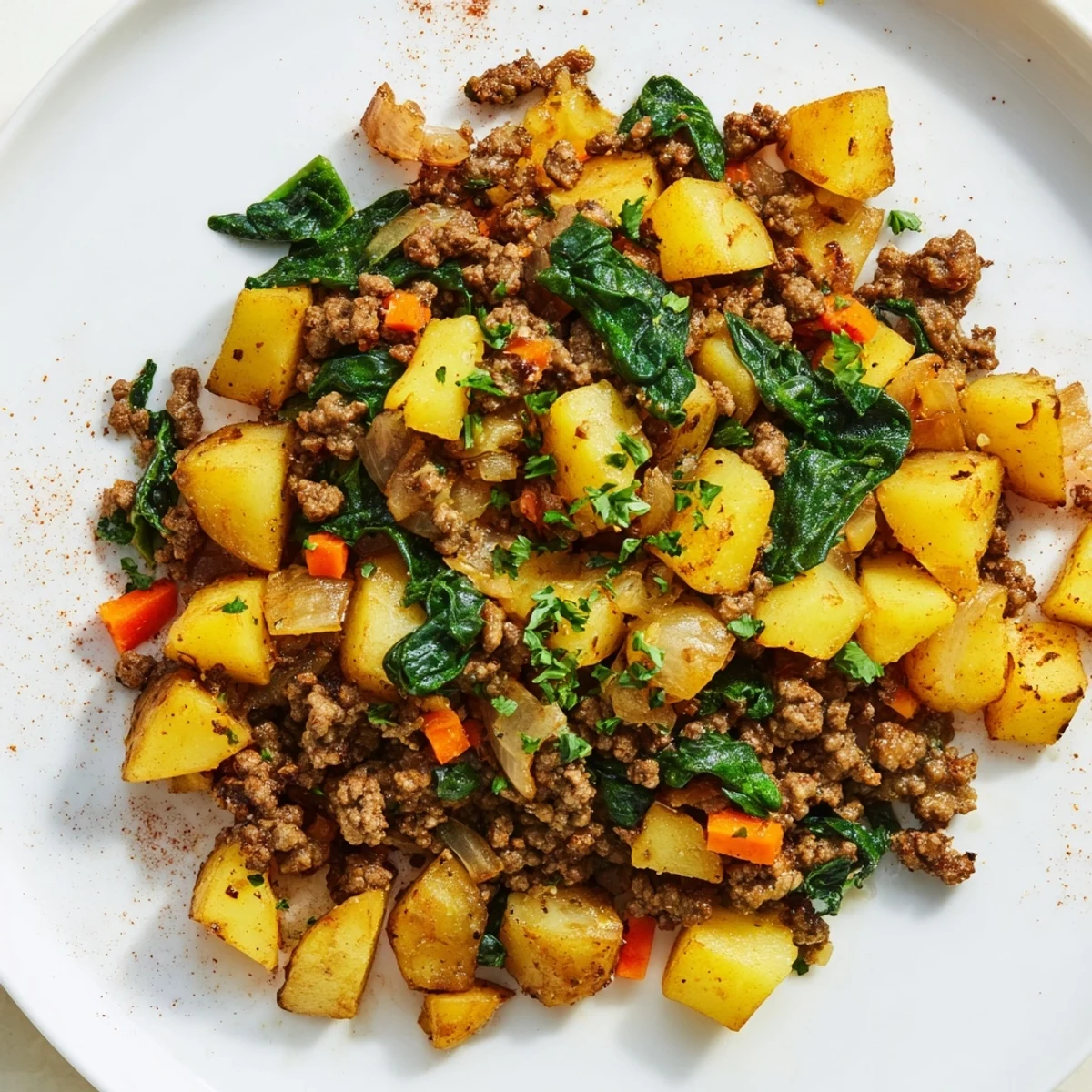 Golden brown ground beef and tender potatoes simmer in a skillet with fresh spinach and smoked paprika.  