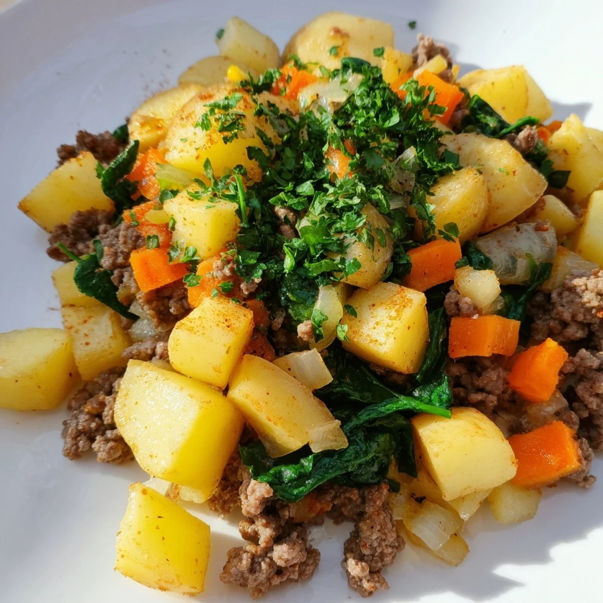 A hearty bowl of High Protein Ground Beef and Potatoes topped with melted cheddar and parsley.  