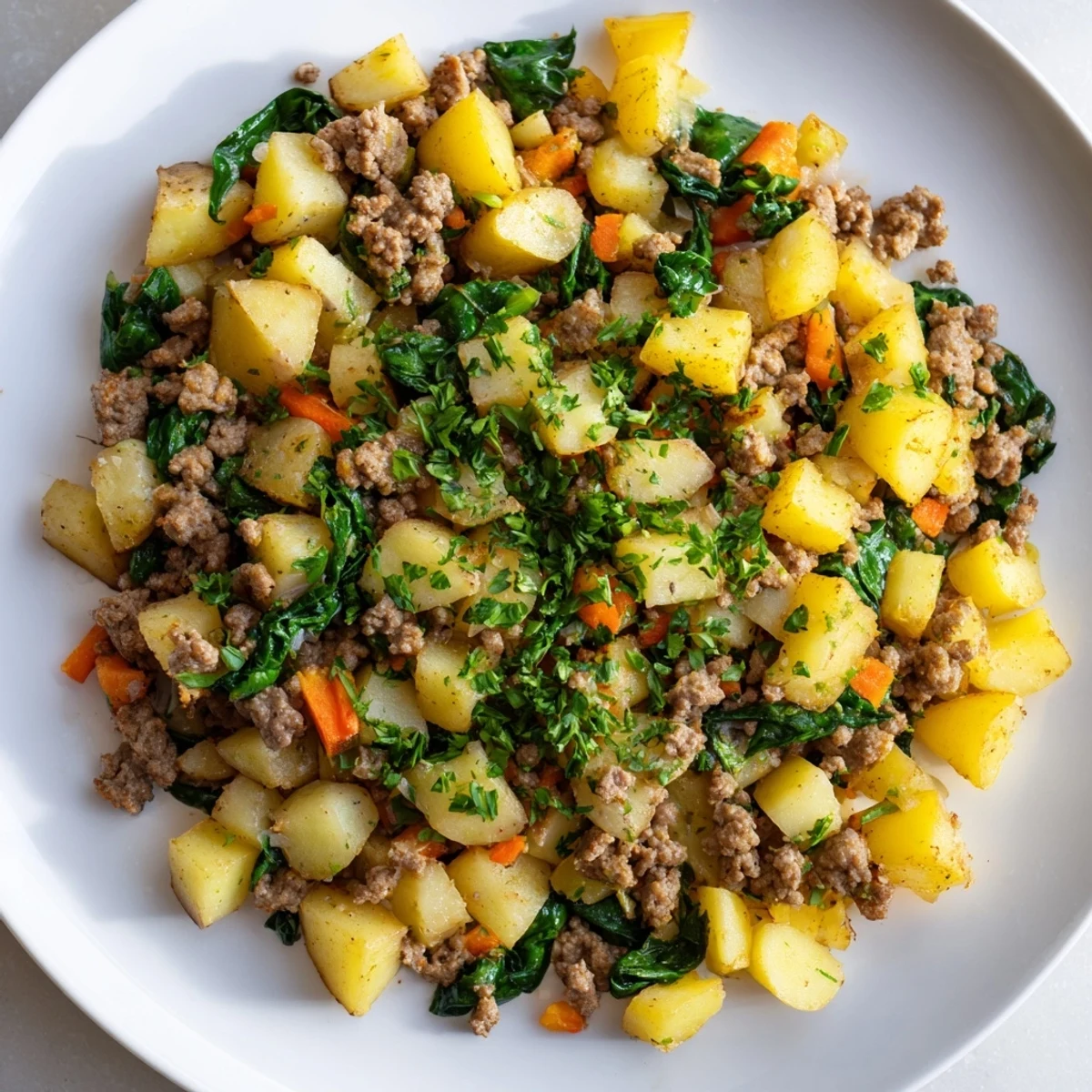 One-pan meal of High Protein Ground Beef and Potatoes served with a fresh green salad on the side.