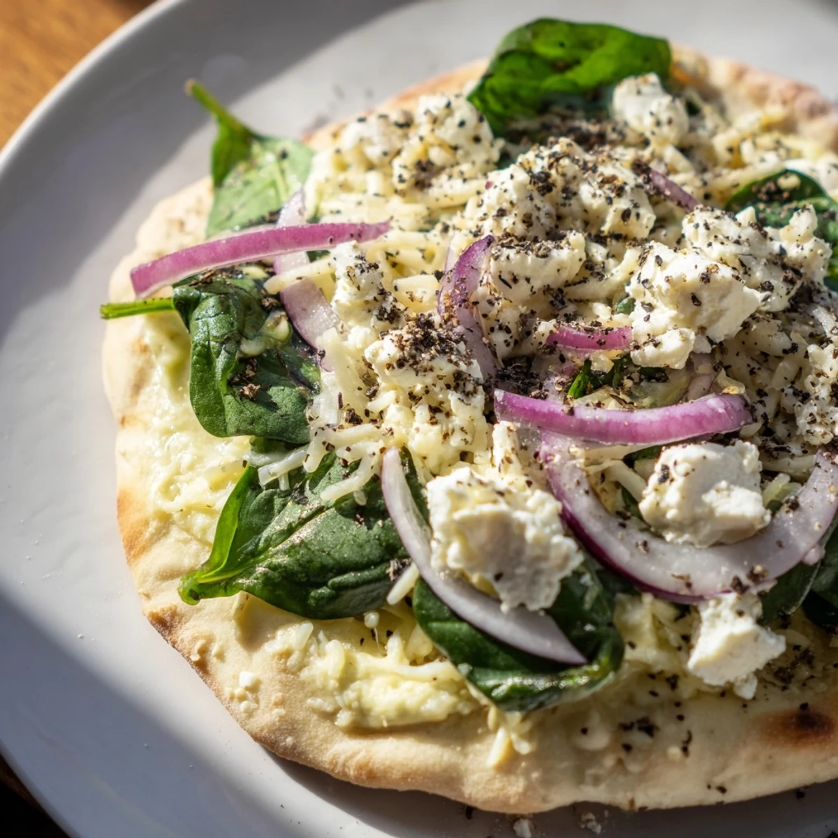 Golden-brown Spinach and Feta Flatbread Pizza fresh from the oven, topped with melted mozzarella and fresh spinach leaves.