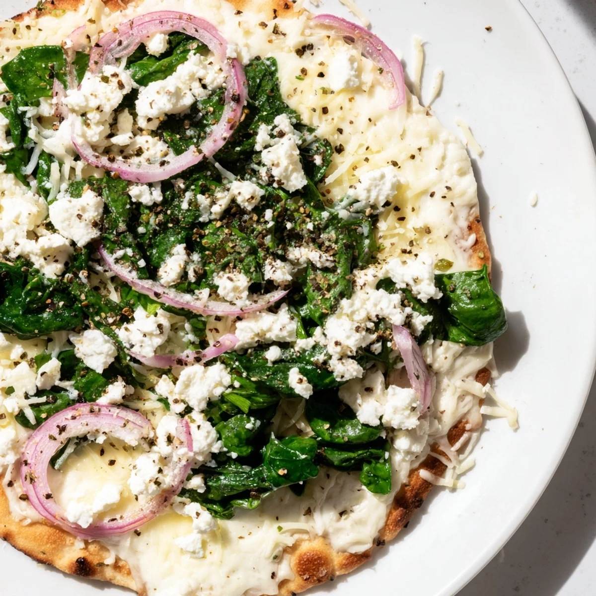 Sliced Spinach and Feta Flatbread Pizza served on a wooden board, ideal for a quick vegetarian weeknight meal.