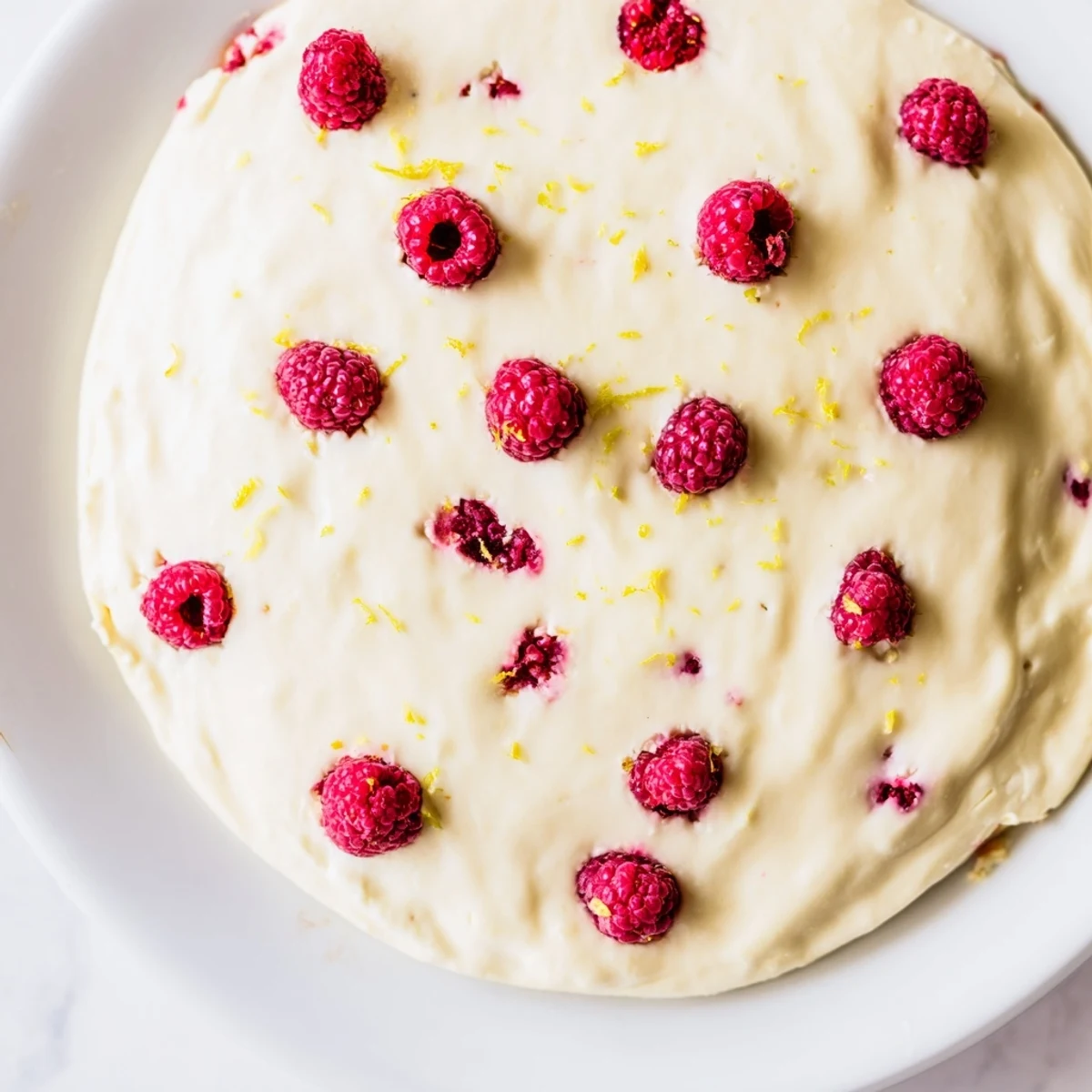 A slice of Lemon Raspberry Cottage Cheese Bake topped with fresh raspberries on a white plate.