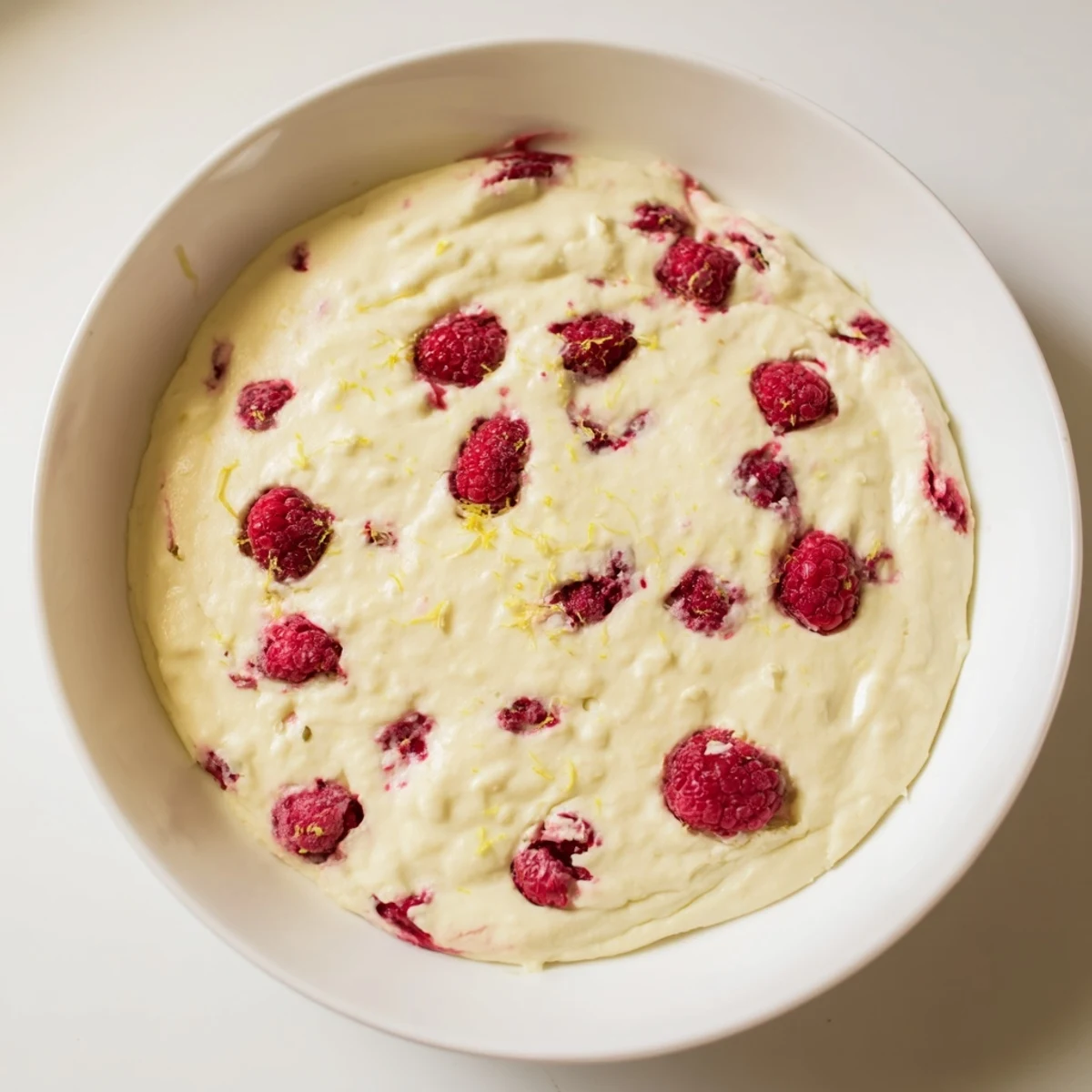 Lemon Raspberry Cottage Cheese Bake in a round dish with a golden edge and vibrant red berries.
