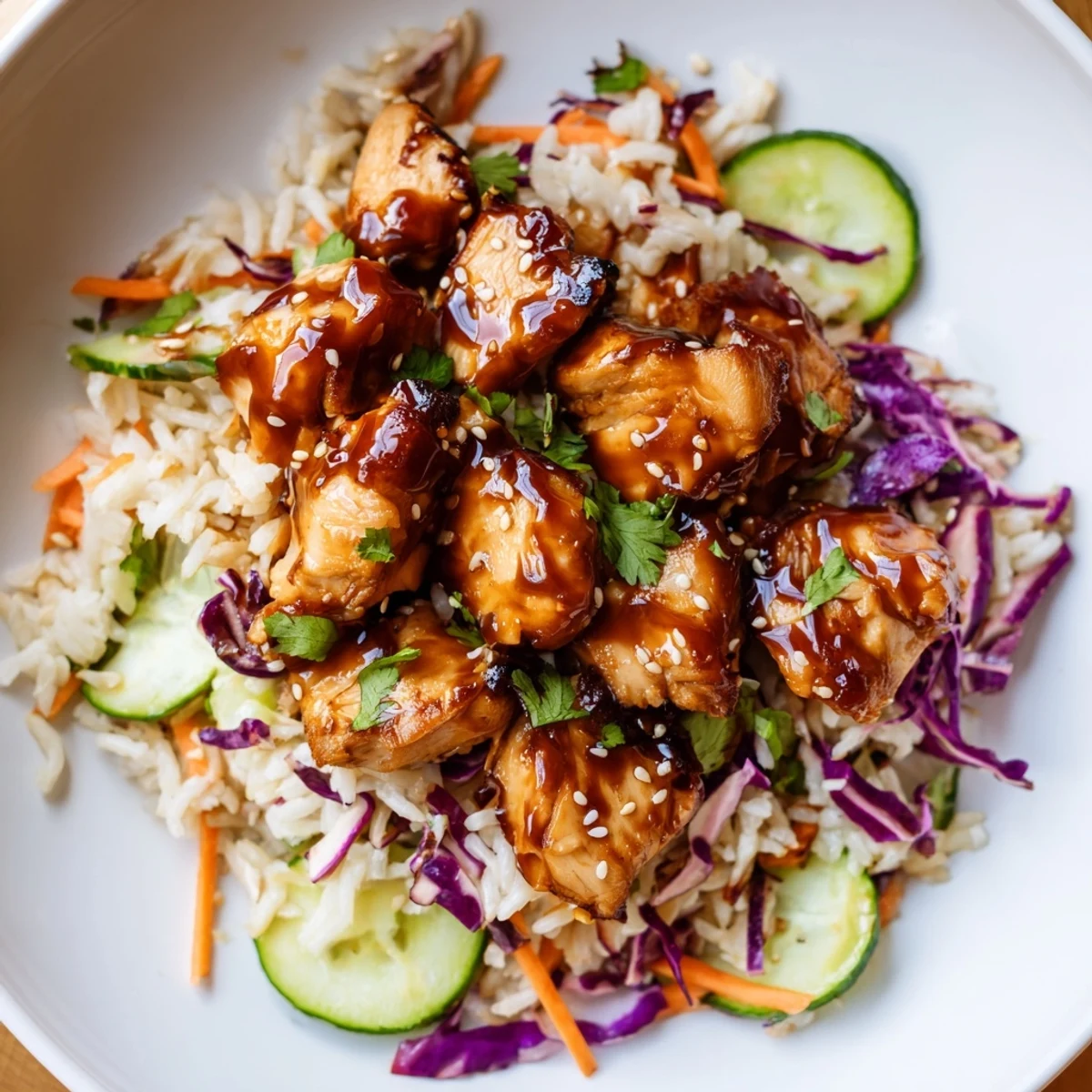 Overhead view of Marry Me Sweet Chili Chicken Bowl with Coconut Lime Drizzle showing juicy chicken, crisp cucumbers, and a creamy drizzle beside lime wedges.