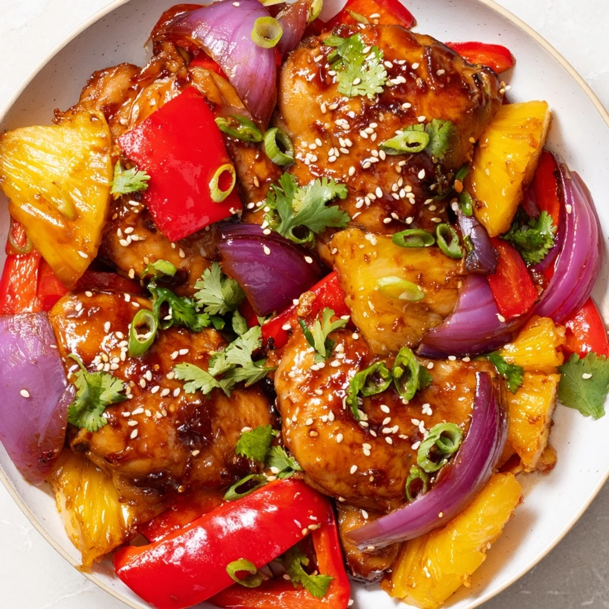 Golden-brown Marry Me Sheet Pan Hawaiian Chicken with roasted pineapple chunks and vibrant bell peppers on a sheet pan, garnished with green onions and sesame seeds.