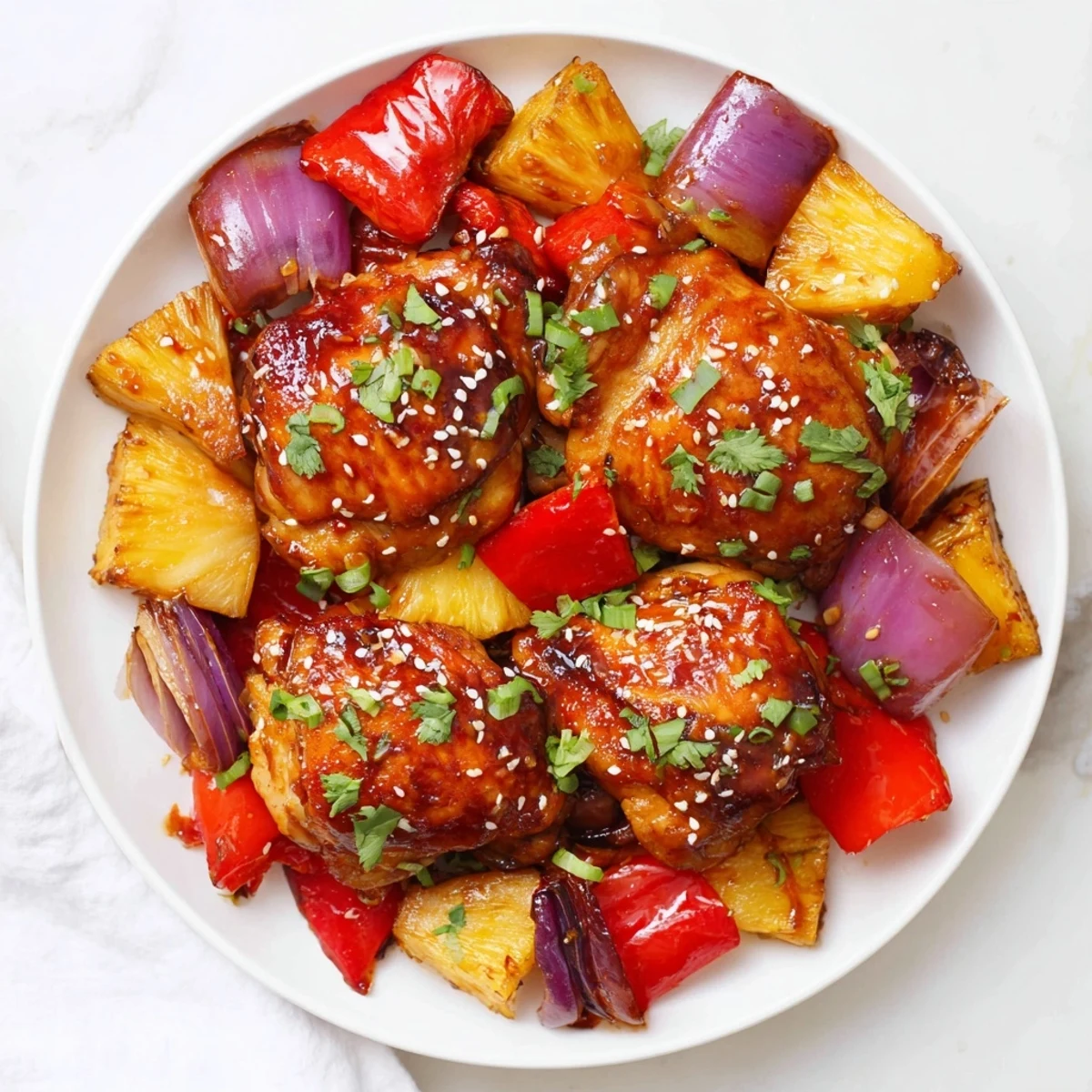 Sizzling Marry Me Sheet Pan Hawaiian Chicken fresh from the oven, coated in a glossy sweet and savory sauce with tender vegetables.