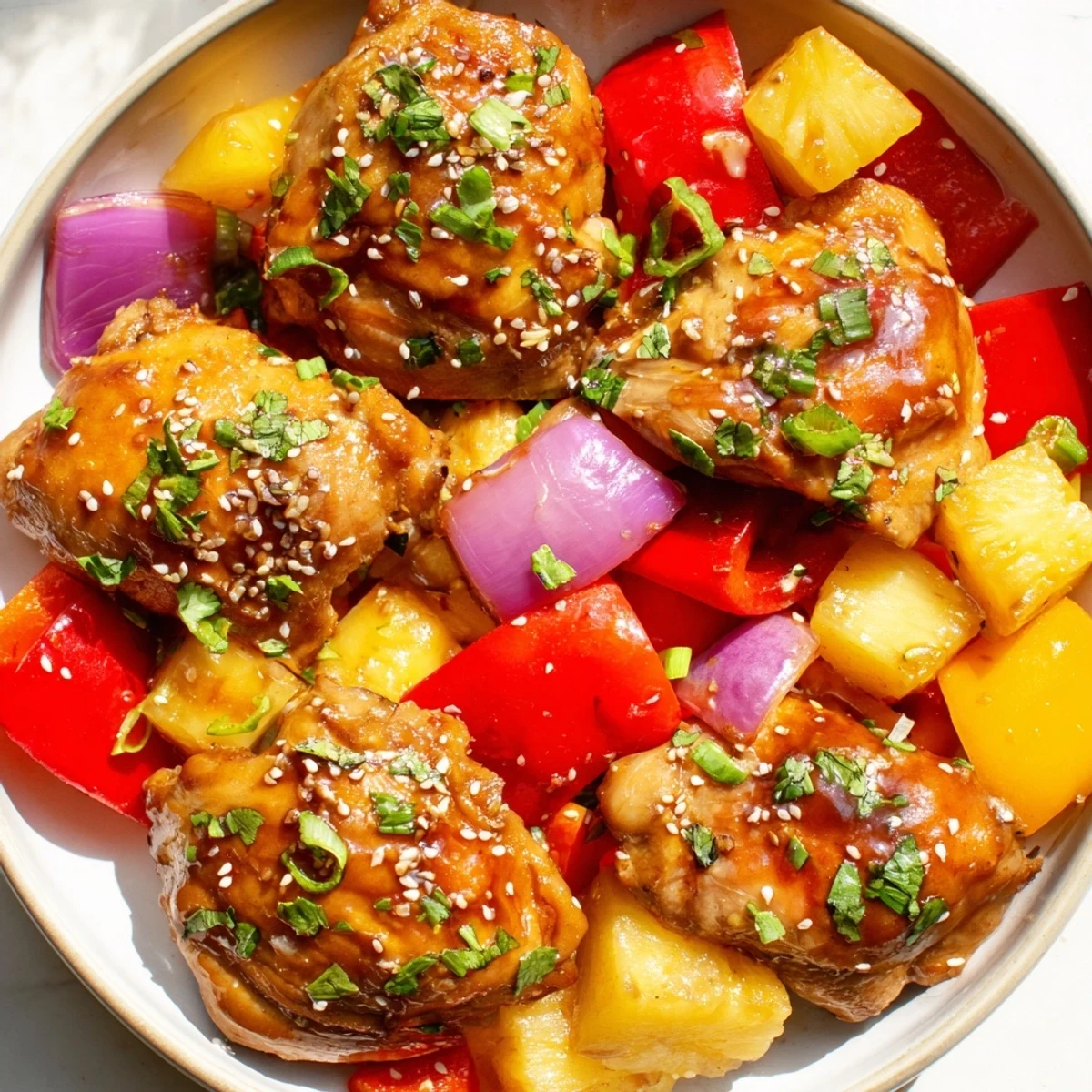 Ready-to-serve Marry Me Sheet Pan Hawaiian Chicken plated with steamed white rice, fresh cilantro, and colorful roasted peppers for a complete meal.