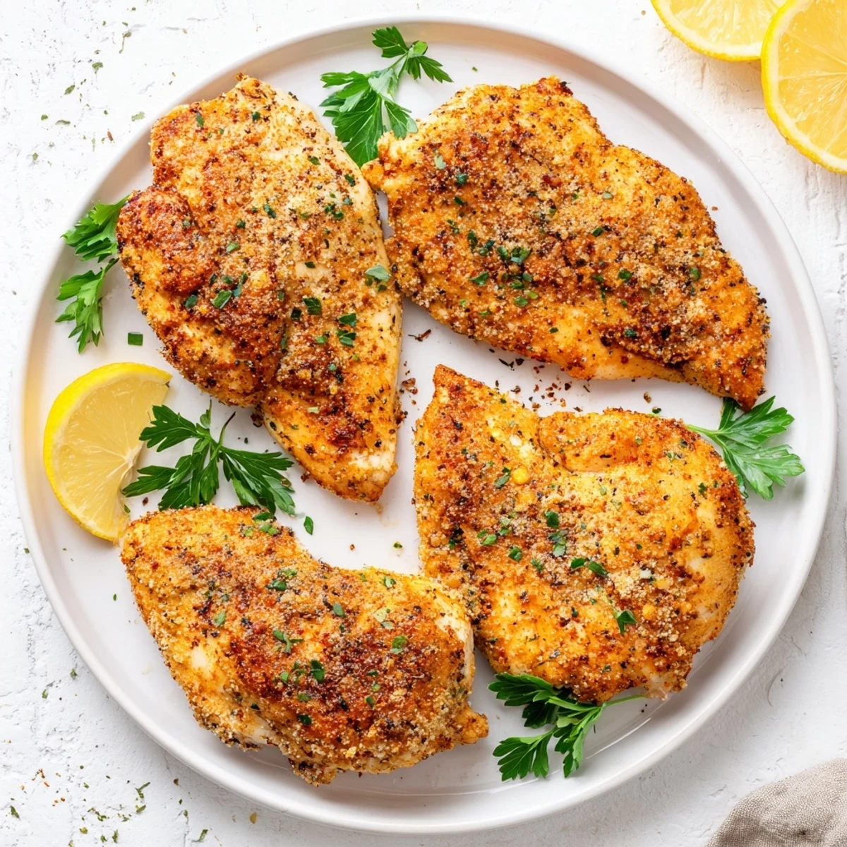 Succulent oven baked chicken breasts with golden edges and fresh parsley garnish.