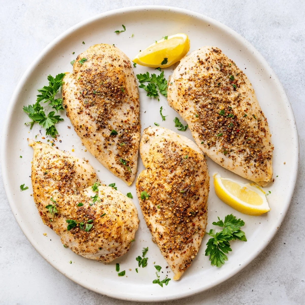 Seasoned oven baked chicken breasts resting on a baking sheet after baking.