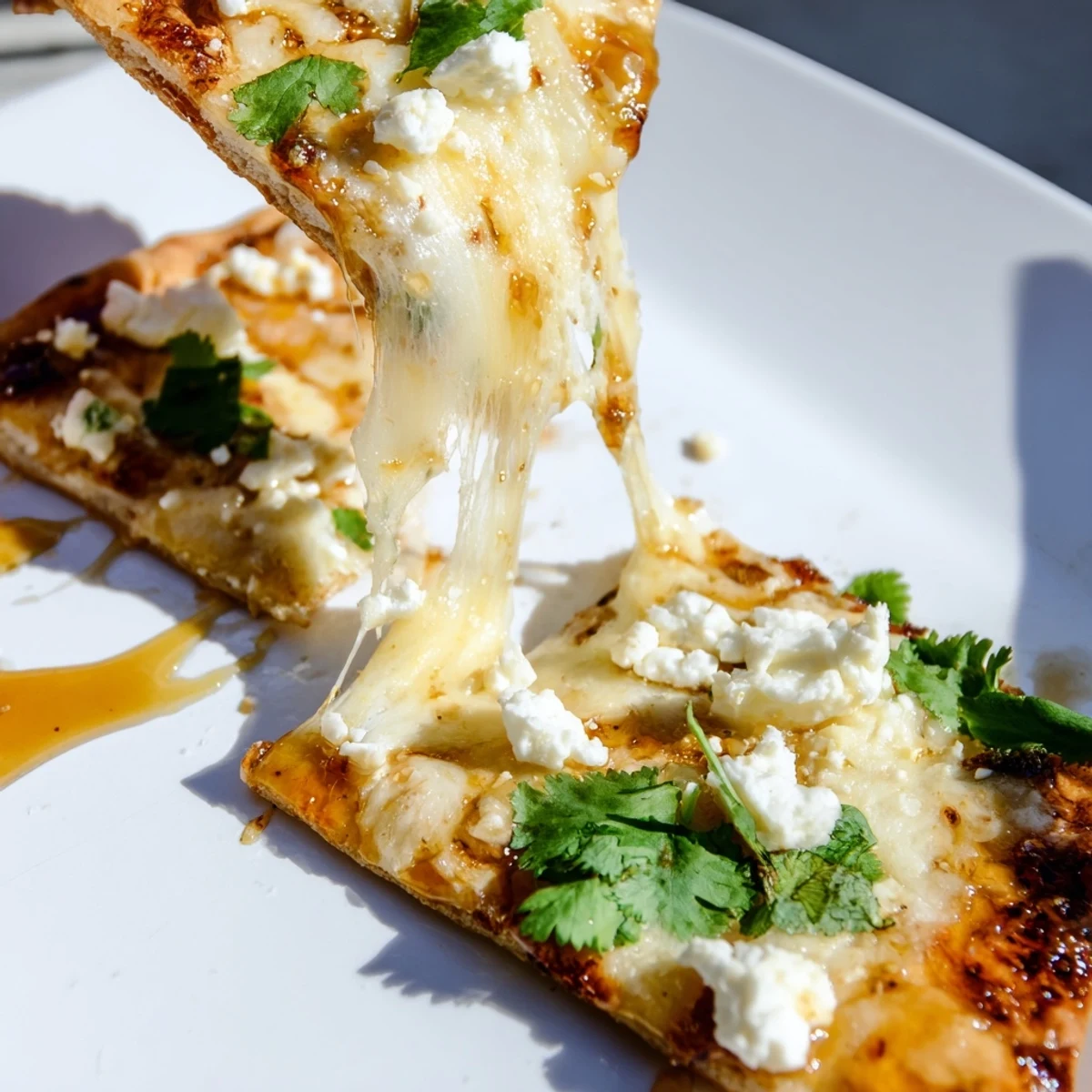 Golden, bubbly mozzarella and feta melt over a flatbread base glistening with sticky sweet heat honey garlic sauce and colorful vegetable toppings.