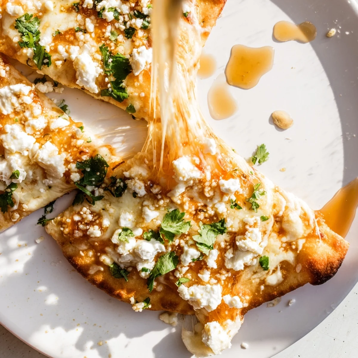 Fresh red onion, bell pepper, cherry tomatoes, and jalapeños crown a freshly baked Sweet Heat Honey Garlic Flatbread Pizza, ready to slice.