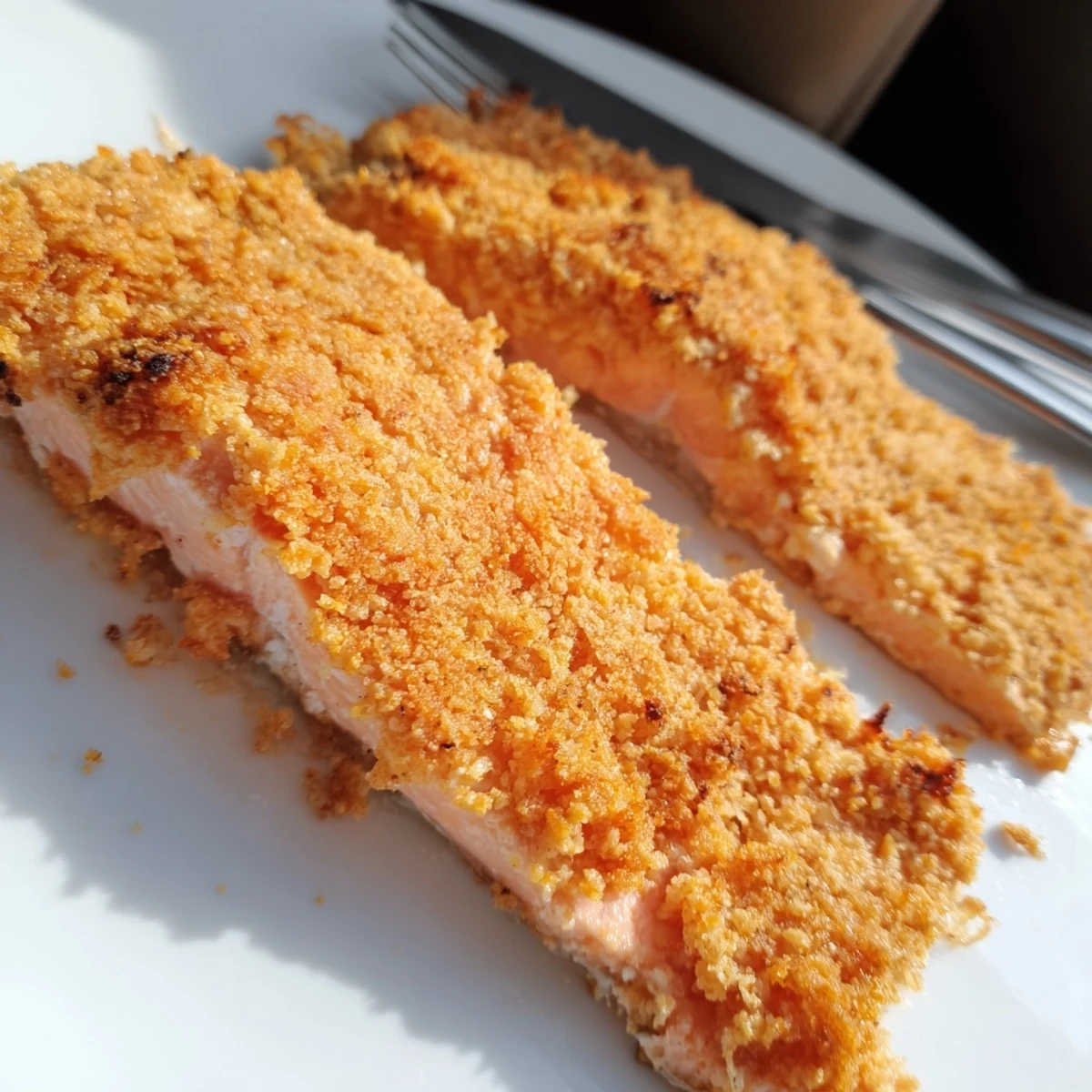 Freshly baked Crispy Parmesan Salmon Bake on a sheet pan, featuring a crunchy golden topping and tender fish ideal for pescatarian diets.