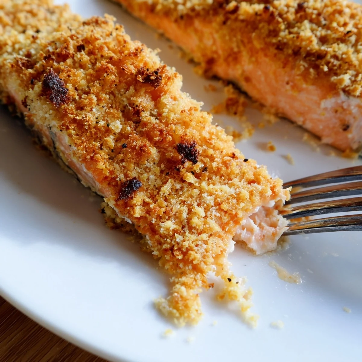 Flaky salmon fillets topped with golden, crispy Parmesan crust, perfect for an easy weeknight dinner served with lemon wedges and fresh parsley.