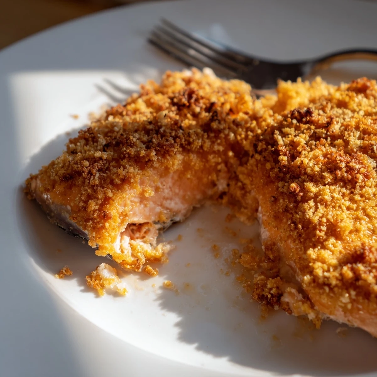 Golden-brown Crispy Parmesan Salmon Bake served alongside roasted asparagus and a crisp salad, showcasing a savory crust and moist fish fillets.