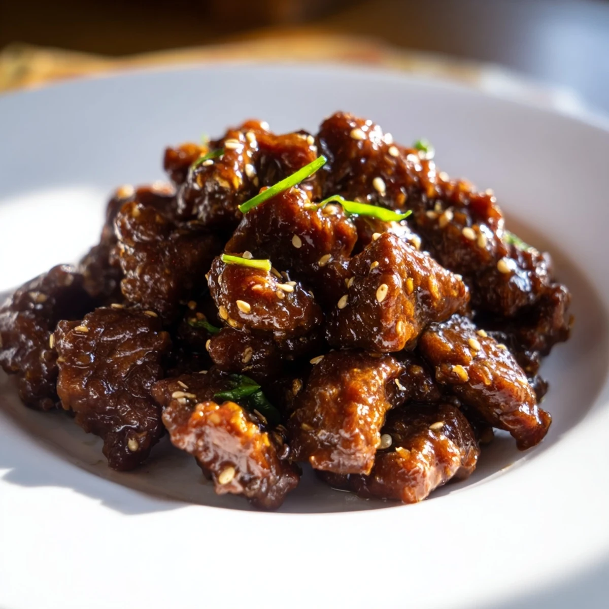 A serving of Crock Pot Korean Beef over white rice in a ceramic bowl, featuring chopped scallions and a drizzle of spicy sauce.