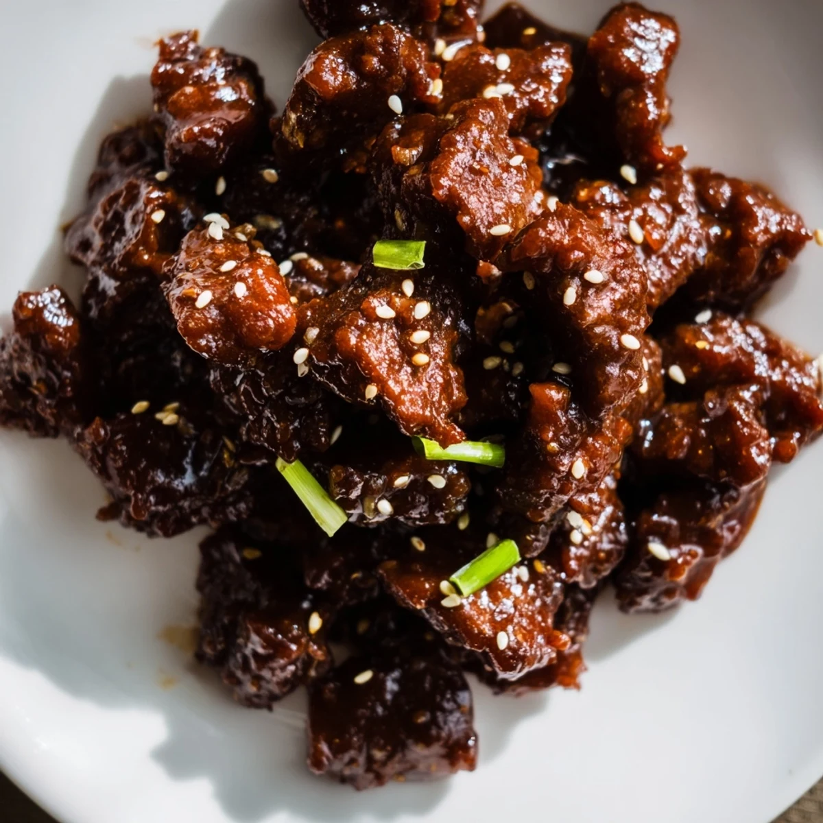Close-up of tender shredded Crock Pot Korean Beef in a slow cooker, garnished with green onions and sesame seeds, with steam rising invitingly.