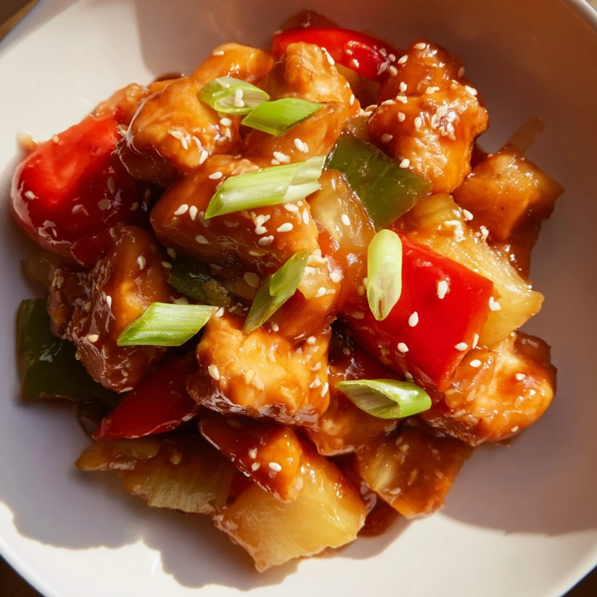 A slow cooker filled with Sweet Hawaiian Crockpot Chicken, featuring tender chicken, vibrant bell peppers, and juicy pineapple chunks in a glossy sauce.