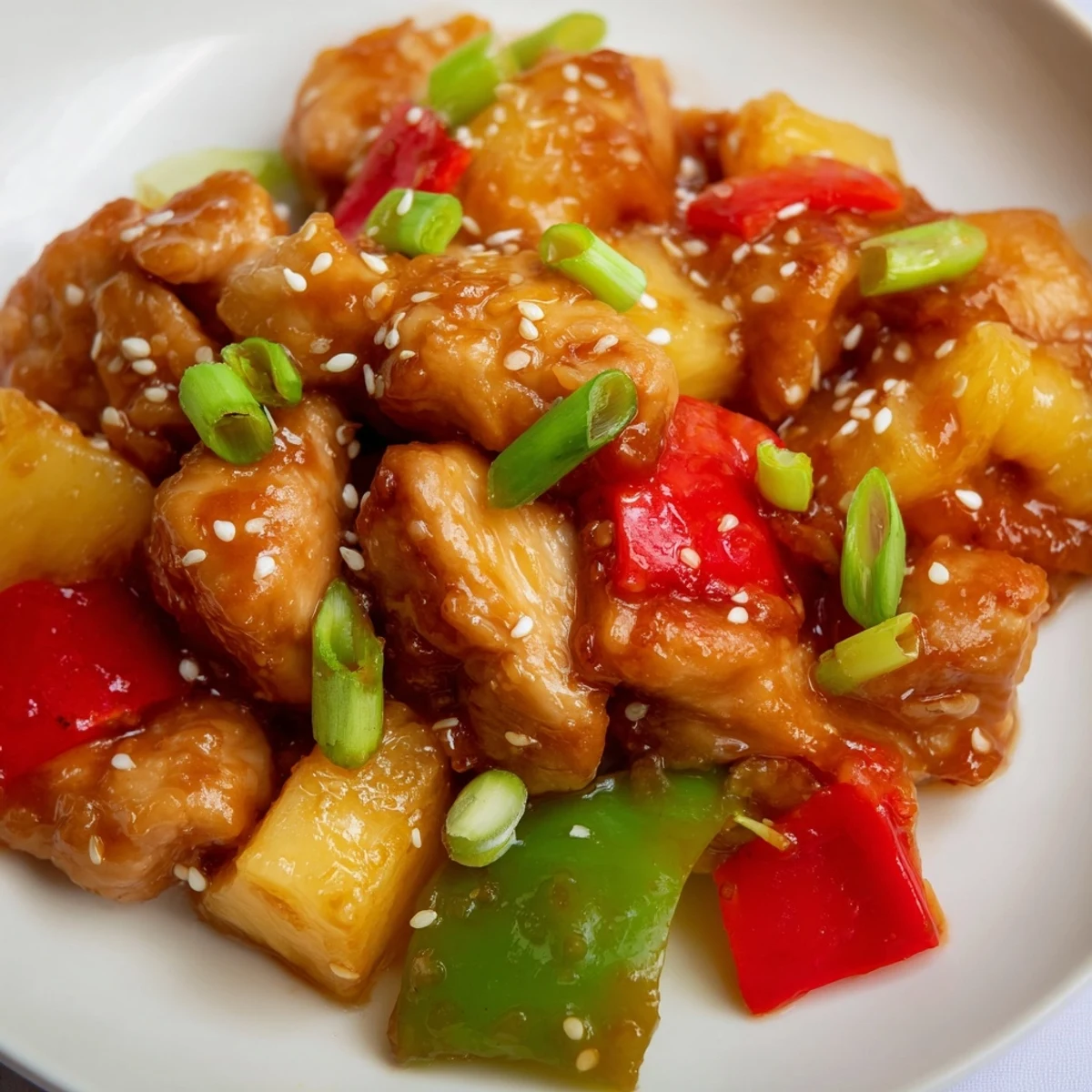 Sweet Hawaiian Crockpot Chicken served over a bed of white rice, garnished with fresh green onions and toasted sesame seeds for extra flavor.