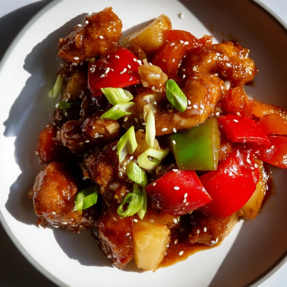 Close-up view of Sweet Hawaiian Crockpot Chicken, highlighting succulent meat and caramelized vegetables in a rich, tangy-sweet pineapple and soy glaze.
