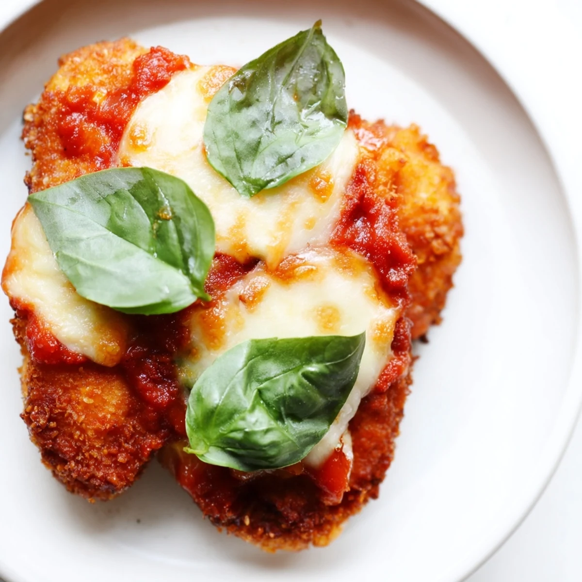 A rustic serving of Chicken Parmesan Pizza features bubbly tomato sauce and melted mozzarella on a crispy chicken base.
