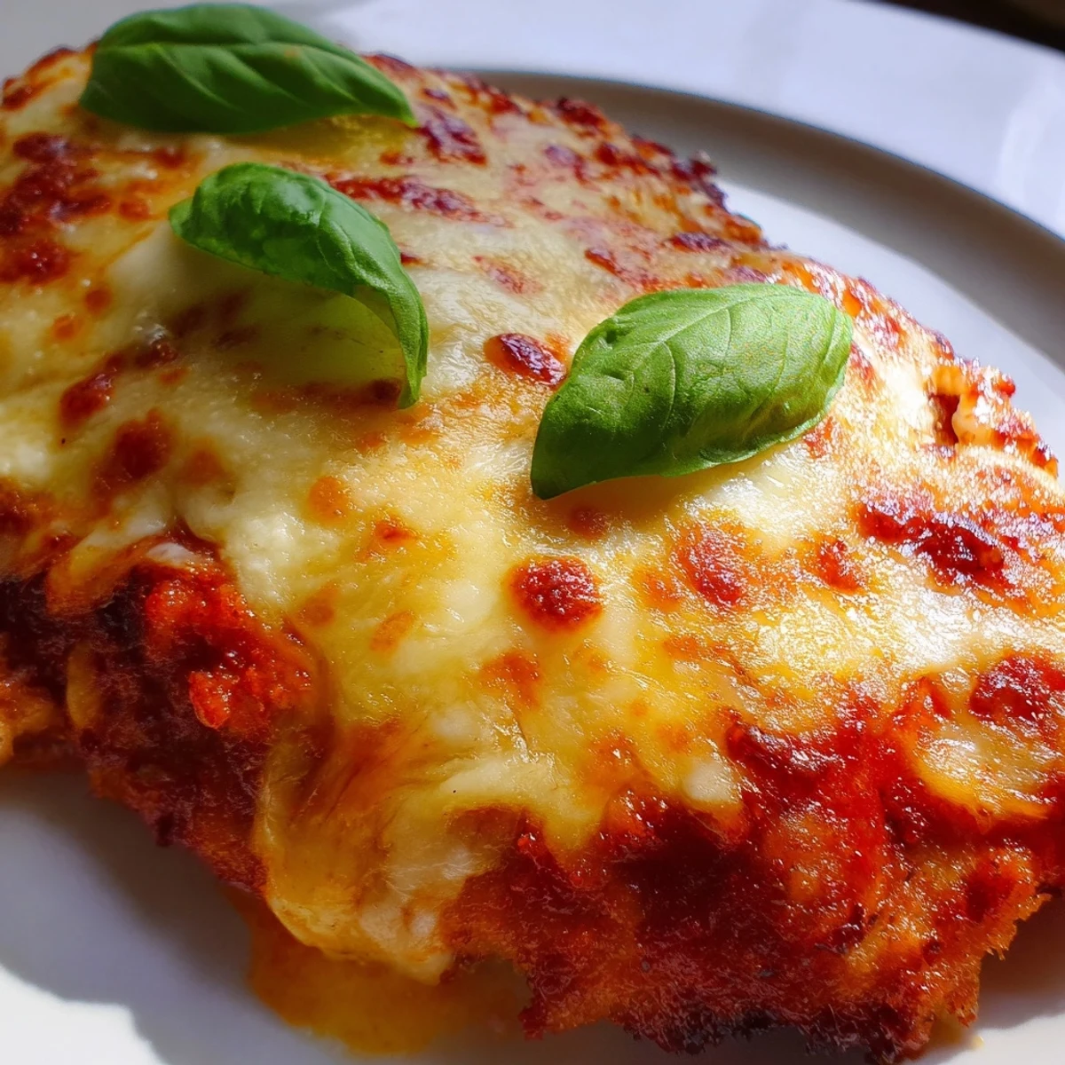 In this Chicken Parmesan Pizza, a crispy chicken base is topped with marinara, mozzarella, and fresh basil.