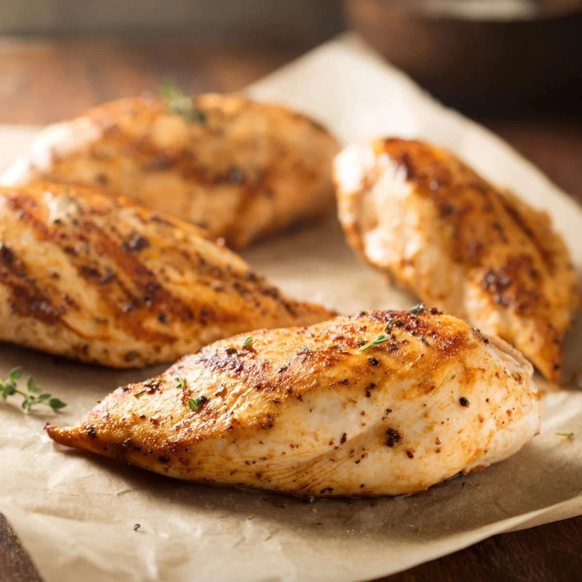 Golden-brown Oven Baked Chicken Breasts rest on a plate, garnished with fresh parsley and lemon wedges.