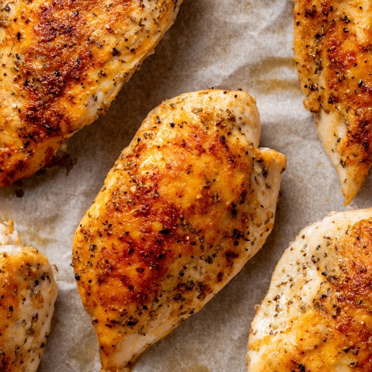 Perfectly seasoned Oven Baked Chicken Breasts just out of the oven, steaming on a baking sheet.
