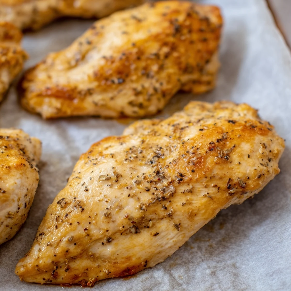 Sliced juicy Oven Baked Chicken Breasts served alongside roasted vegetables on a white dinner plate.